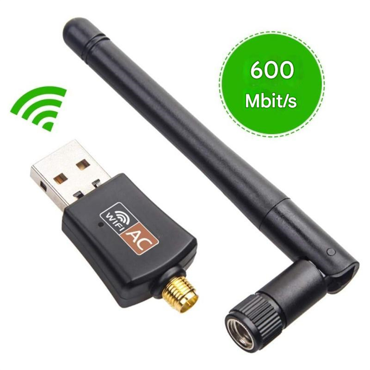 Ein schwarzer WLAN-Adapter mit Antenne, neben einem USB-Anschluss und einem grünen WLAN-Symbol.