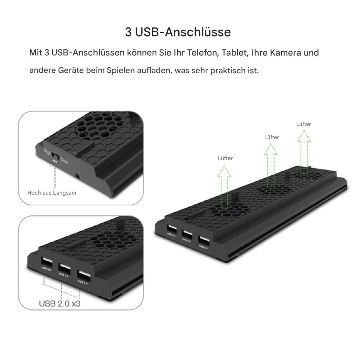Ein Bild, das ein schwarzes Gerät mit 3 USB-Anschlüssen und Text zeigt.
