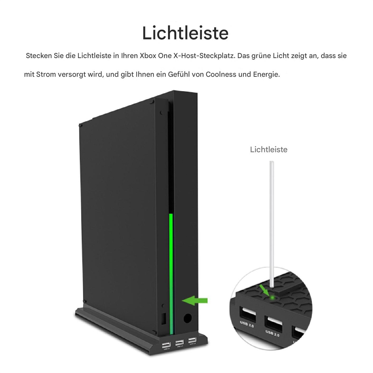 Schwarze Xbox One Konsole mit grünem Lichtstreifen und einem USB-Hub mit USB-Anschlüssen. Die Konsole steht auf einem Ständer.