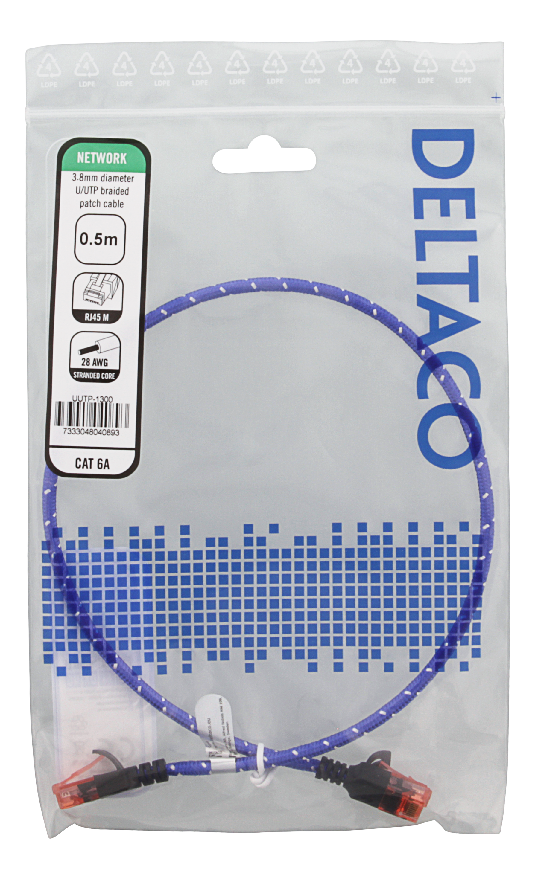 Sacchetto di plastica sigillato con cavo blu e bianco. Imballaggio con testo e logo.