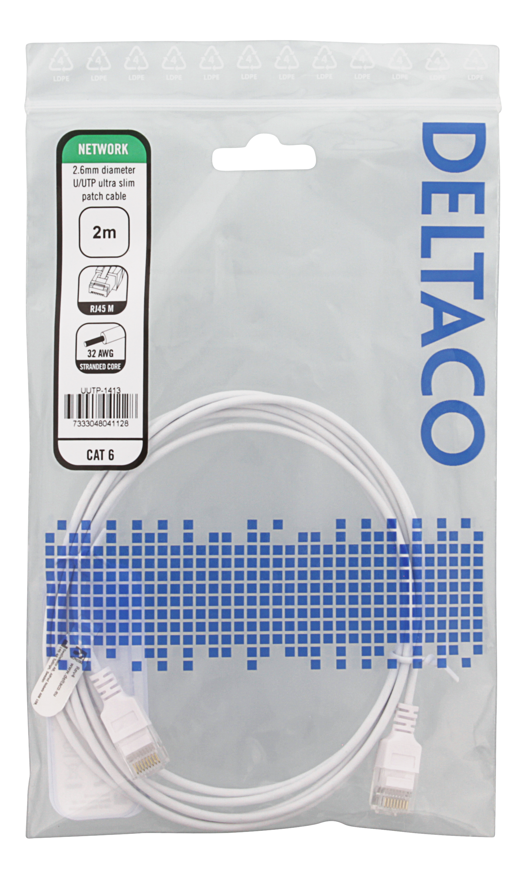 Deltaco Netzwerkkabel in Plastikverpackung mit weißem Kabel.
