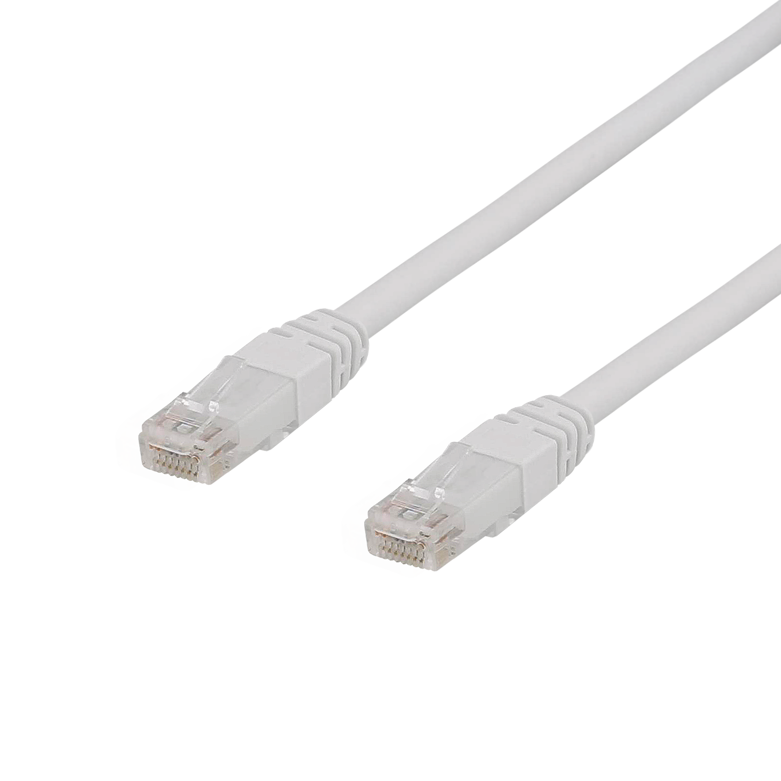 Due cavi Ethernet bianchi con connettori trasparenti, su sfondo nero, pronti per l'uso.