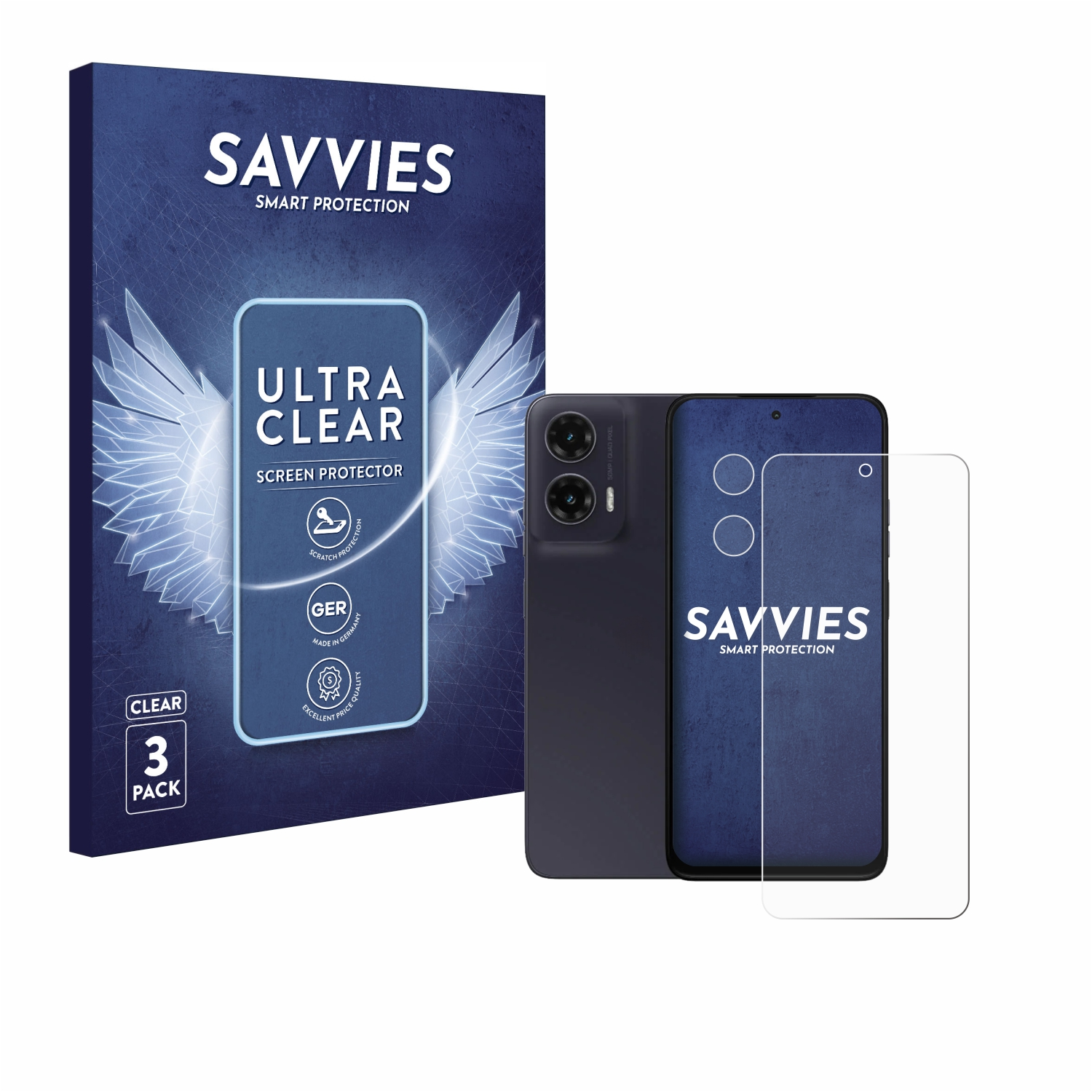 Displayschutzfolie mit Telefon und Verpackung. Verpackung sagt Ultra Clear und Savvies.