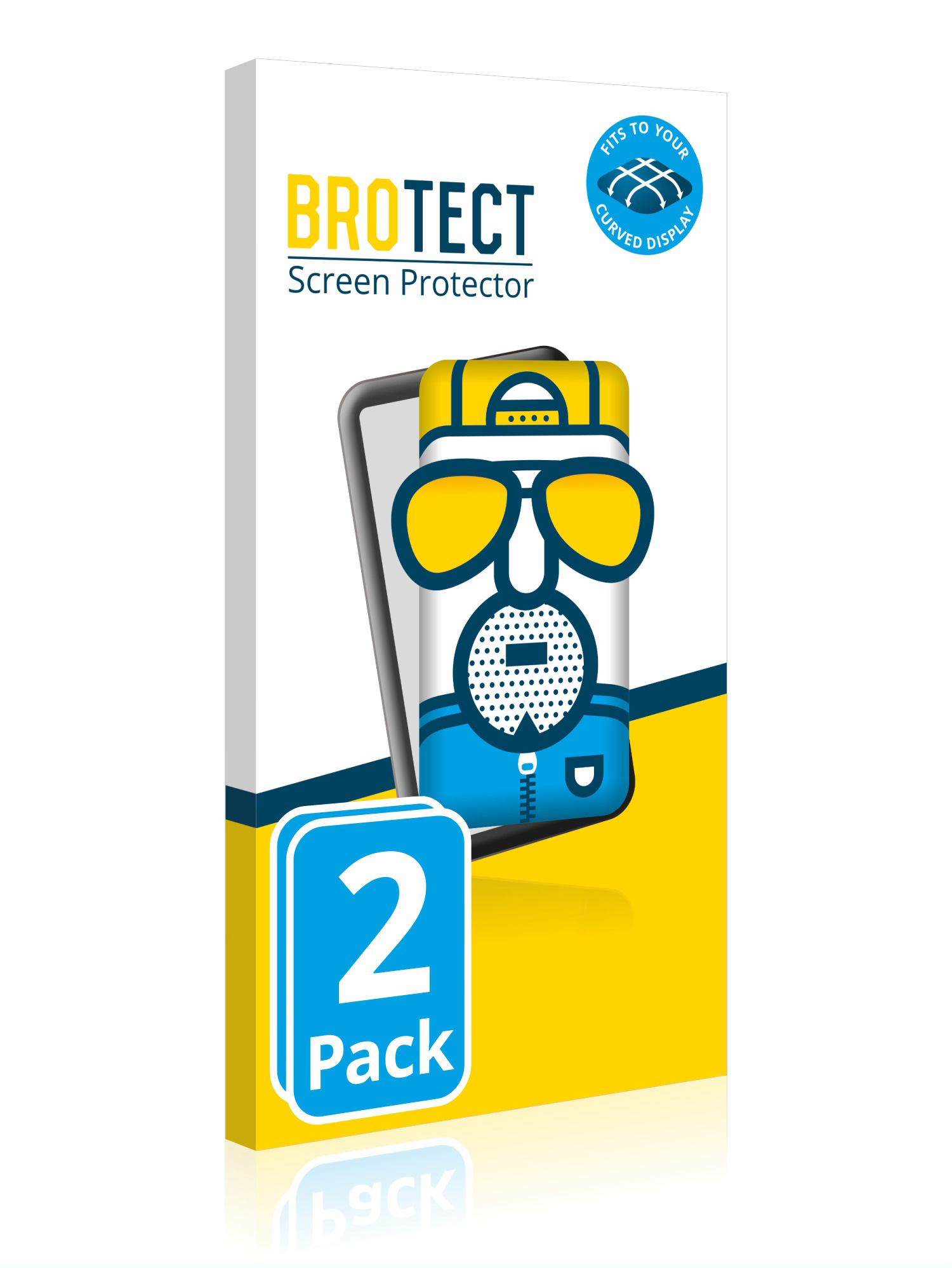 Zwei-Pack Displayschutzfolie-Verpackung. Die Box zeigt eine Figur mit Sonnenbrille und Mütze.