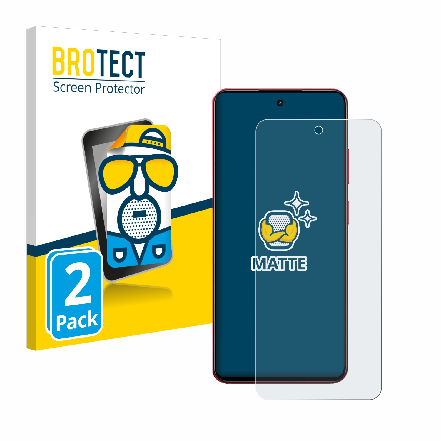 Ein Smartphone mit Displayschutz und eine Box mit einer Zeichnung eines Smartphones. Der Schutz ist matt.