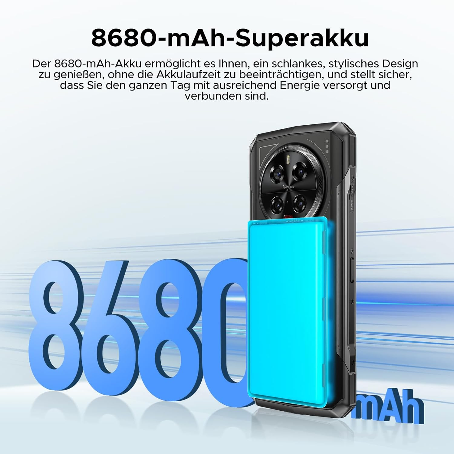 Ein schwarzes Telefon mit türkisfarbenem Akku. Der Text lautet '8680 mAh'.