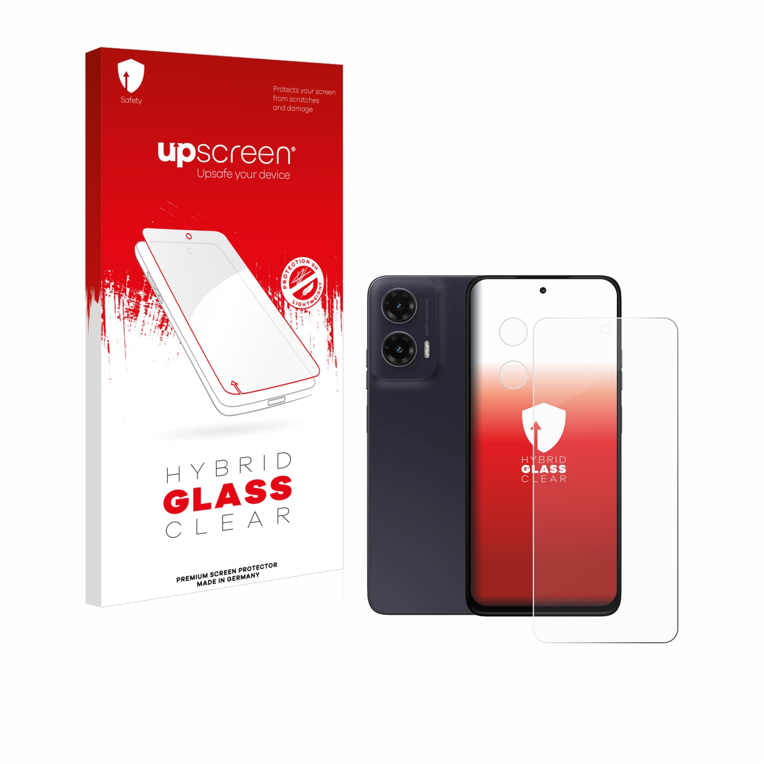Ein Telefon, Displayschutzfolie und Box. Box und Schutz haben einen Displayschutz mit klarem Design.