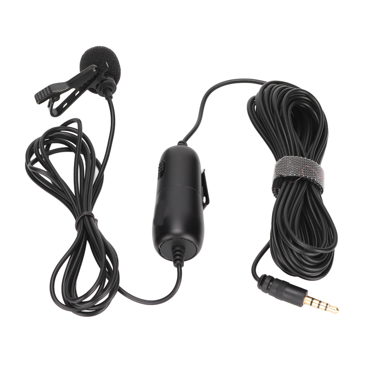 Schwarzes Mikrofon mit Clip und Kabel. Kabel ist aufgerollt. Klinkenstecker.