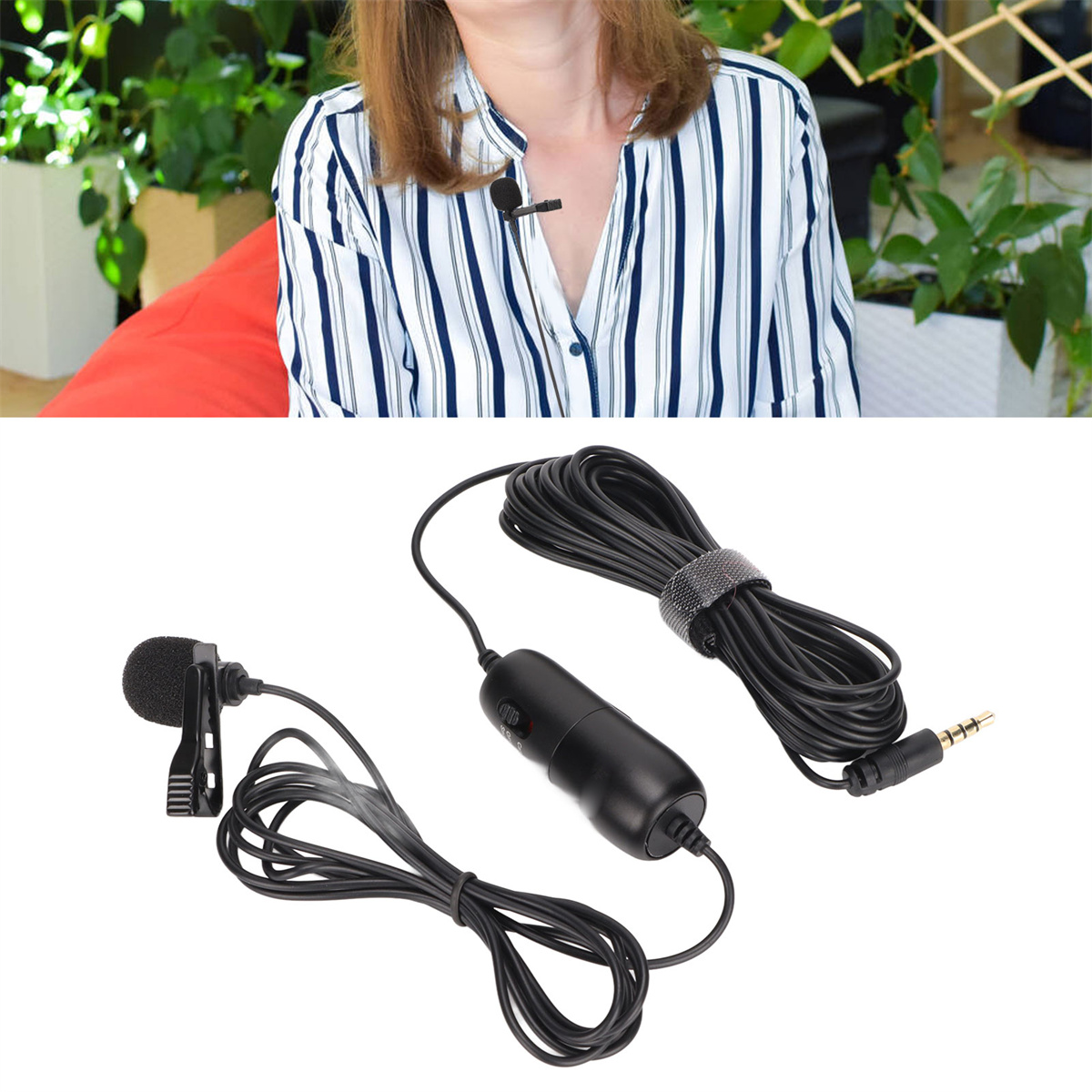 Person trägt gestreiftes Hemd mit Mikrofon. Kabel und Mikrofon werden separat gezeigt.