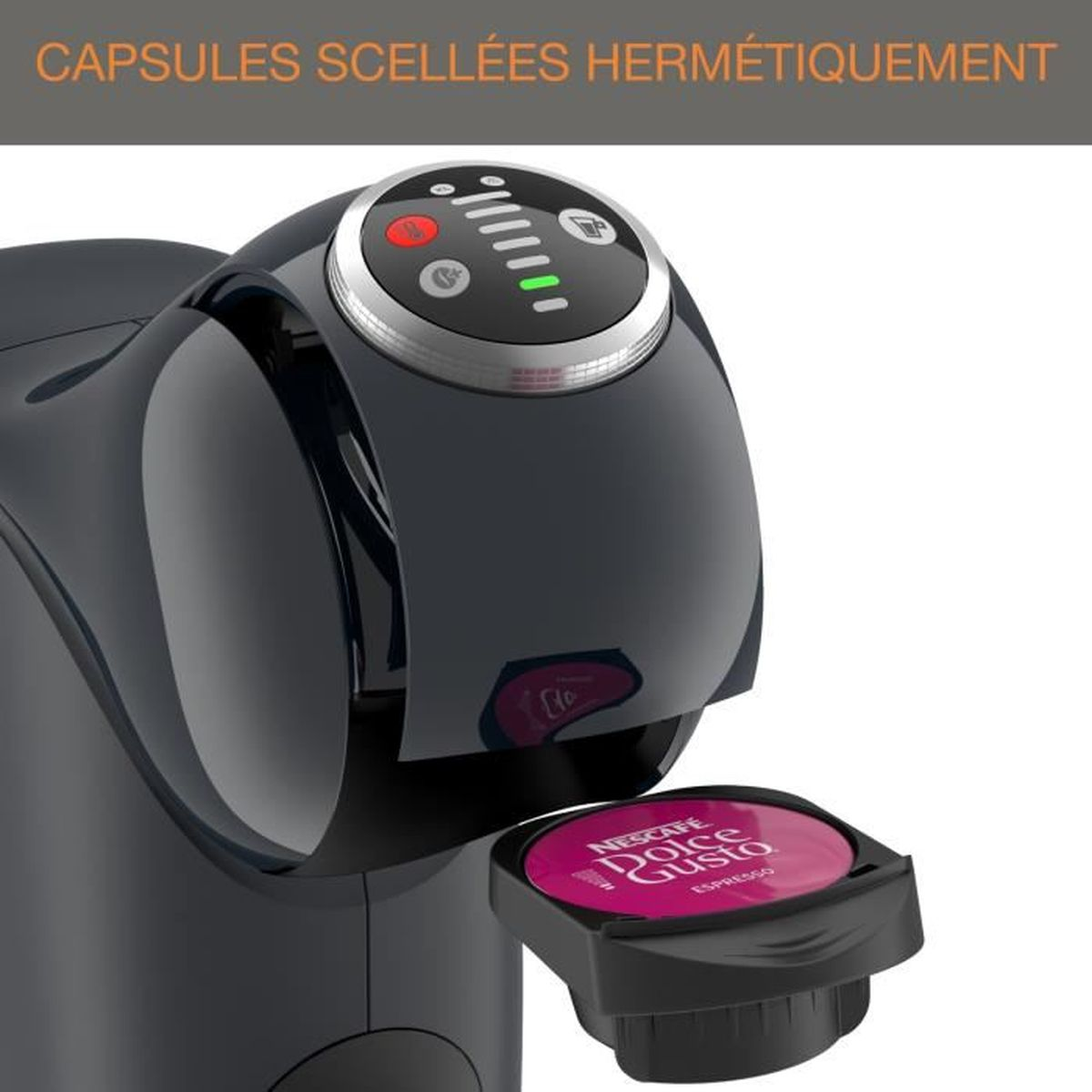 Czarny ekspres do kawy z kapsułą i zielonym światłem. Tekst: zamknięte kapsułki.