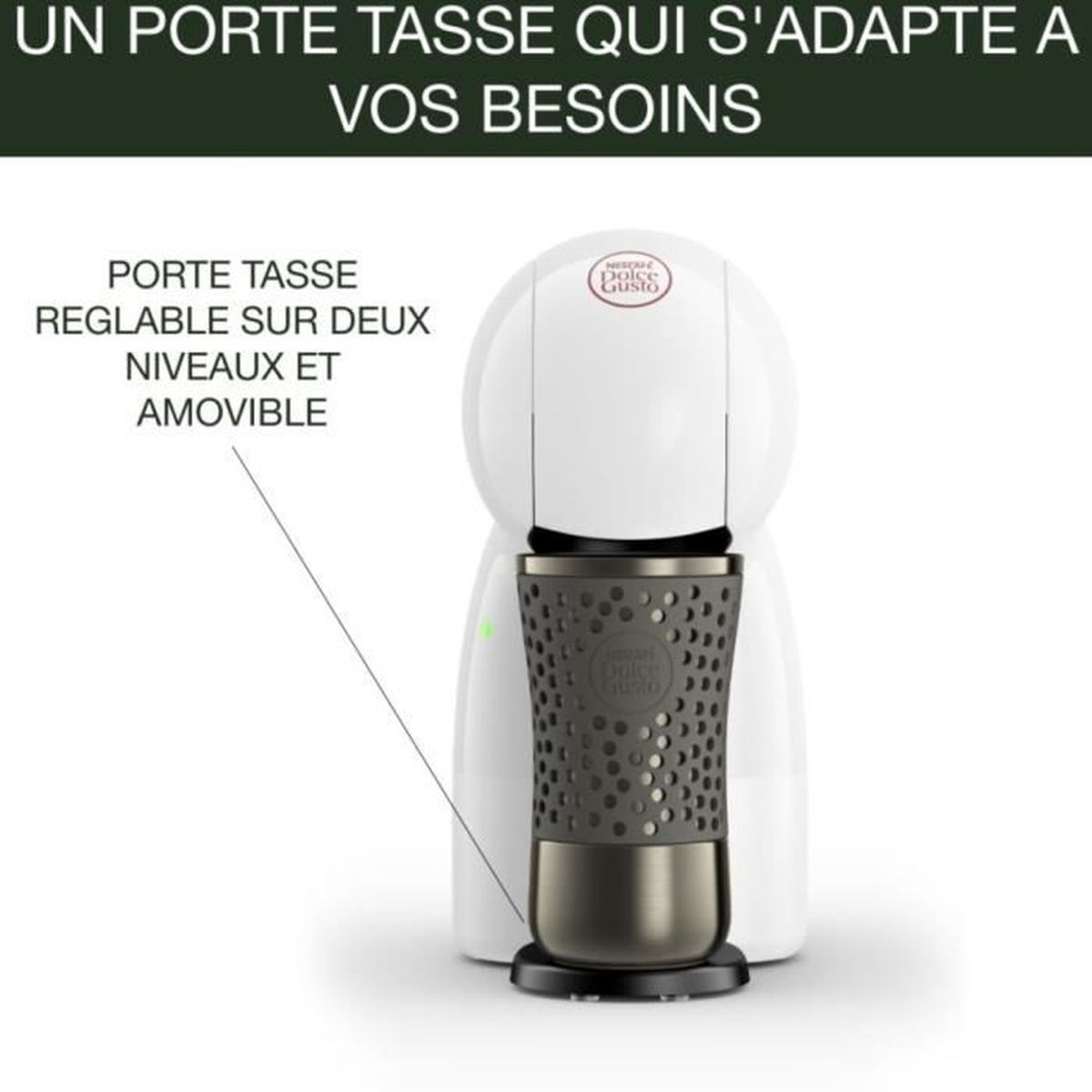 Weiße Kaffeemaschine mit verstellbarem Tassenhalter. Schwarzer Tassenhalter mit Tasse. Französischer Text.