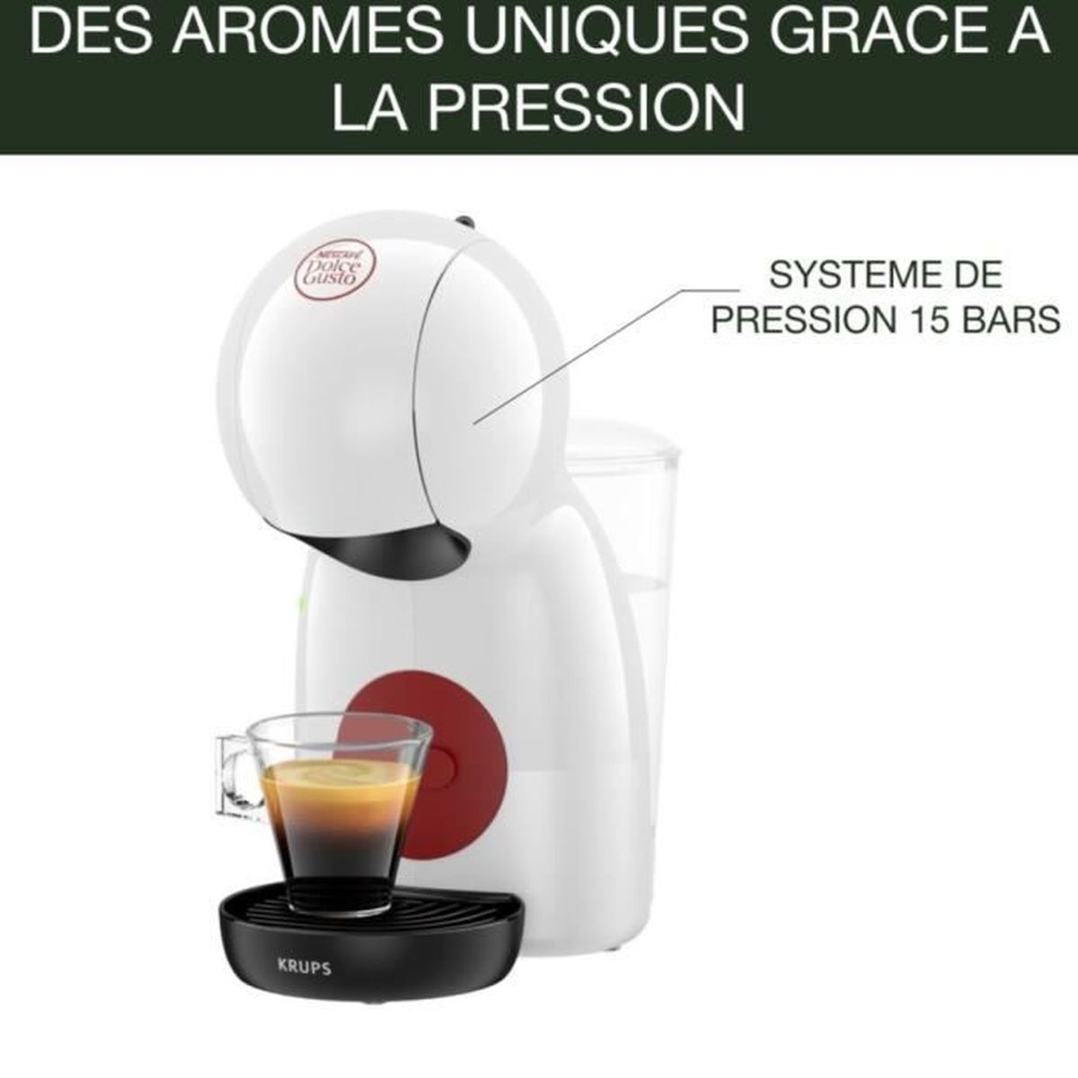 Weiße Kaffeemaschine mit Glas Tasse Kaffee. Schwarze Basis, französischer Text, Drucksystem.