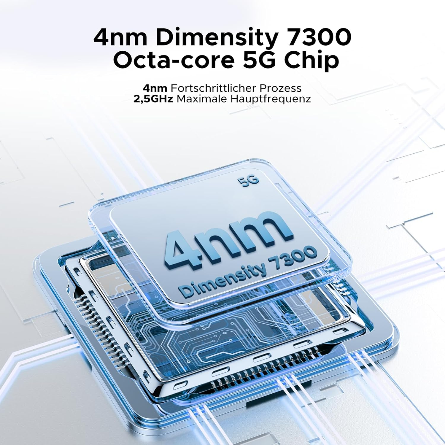 Nahaufnahme eines 5G-Chips mit der Bezeichnung 4nm Dimensity 7300. Technischer Text auf blauem Hintergrund.