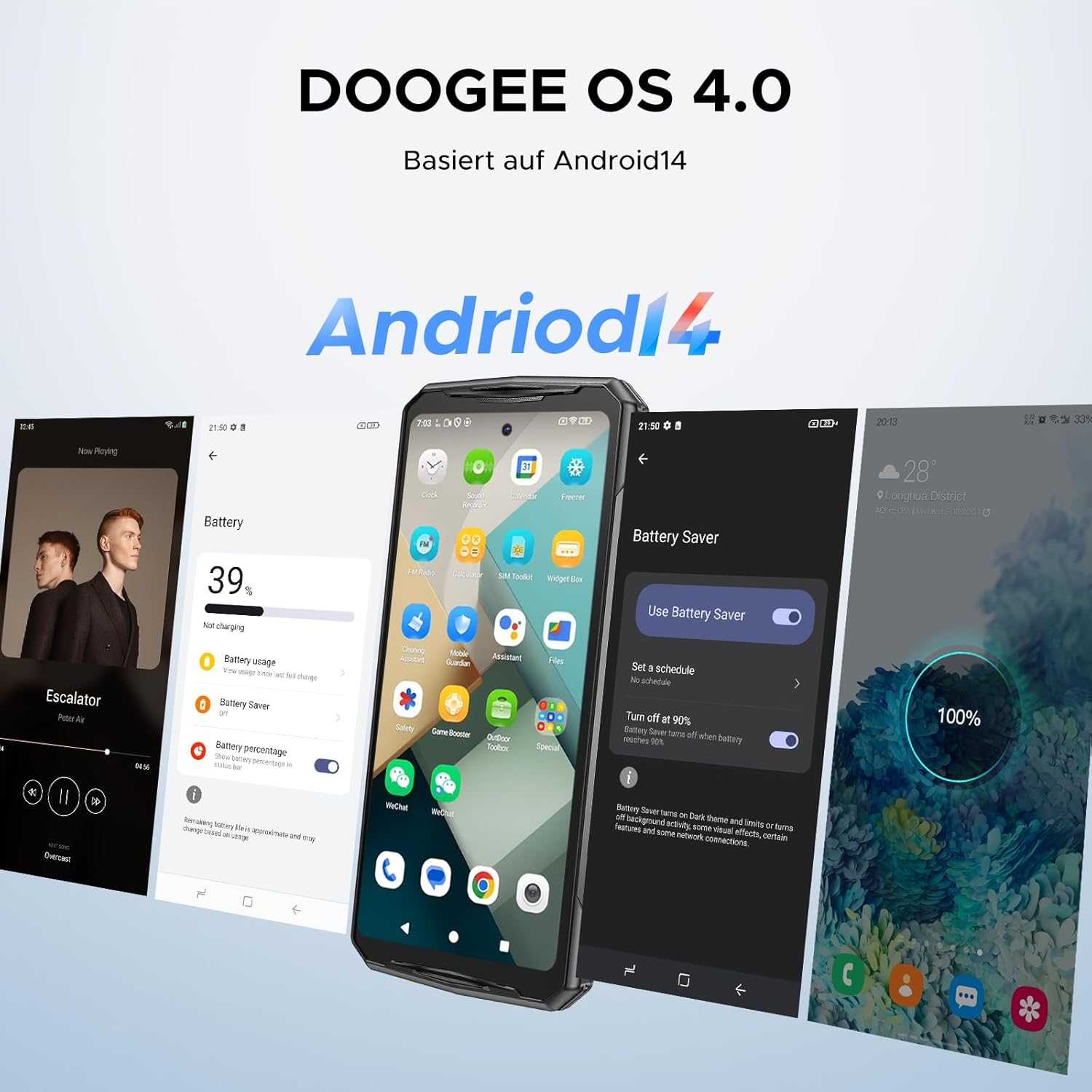Smartphone-Bildschirme mit Oberfläche, Text 'DOOGEE OS 4.0'. Mehrere Apps sichtbar, dunkler Hintergrund.