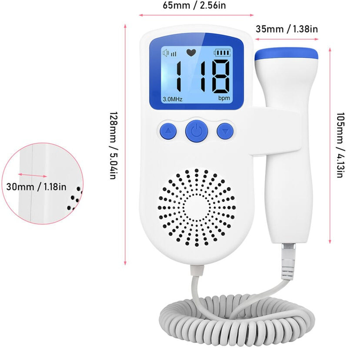 Weißer Fetaldoppler mit Abmessungen. Zeigt Bildschirm mit 118 bpm. Ultraschallsonde und Spiralkabel.