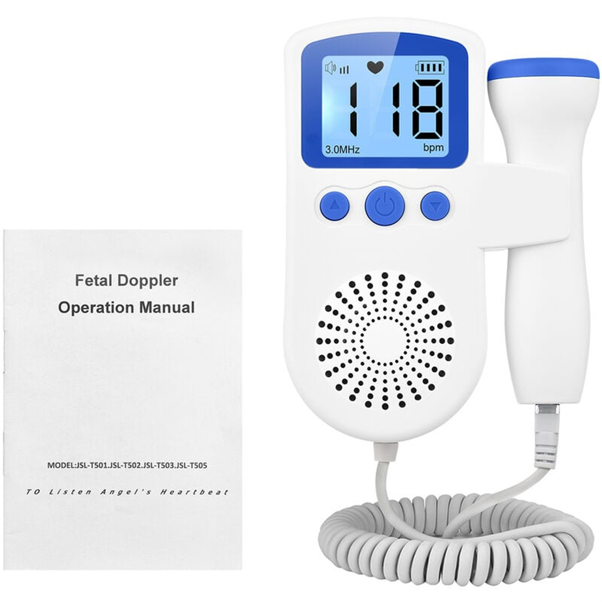 Fetal Doppler mit Display und Handbuch. Weißer Hintergrund.