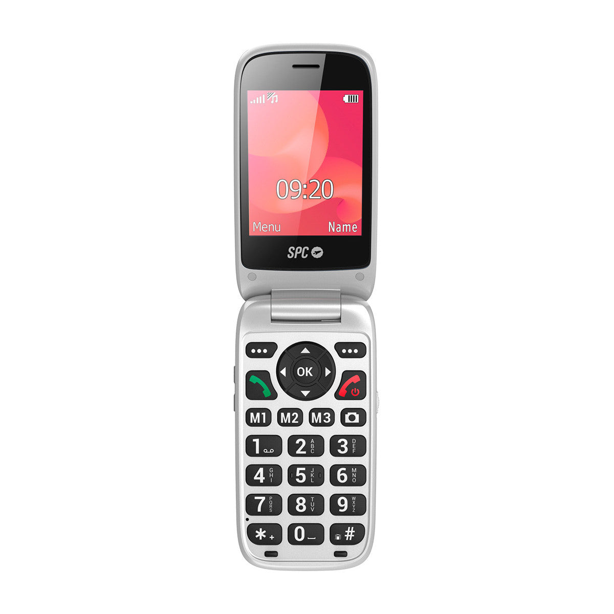 Telefono a conchiglia SPC bianco, aperto, con schermo e tastiera con tasti grandi.