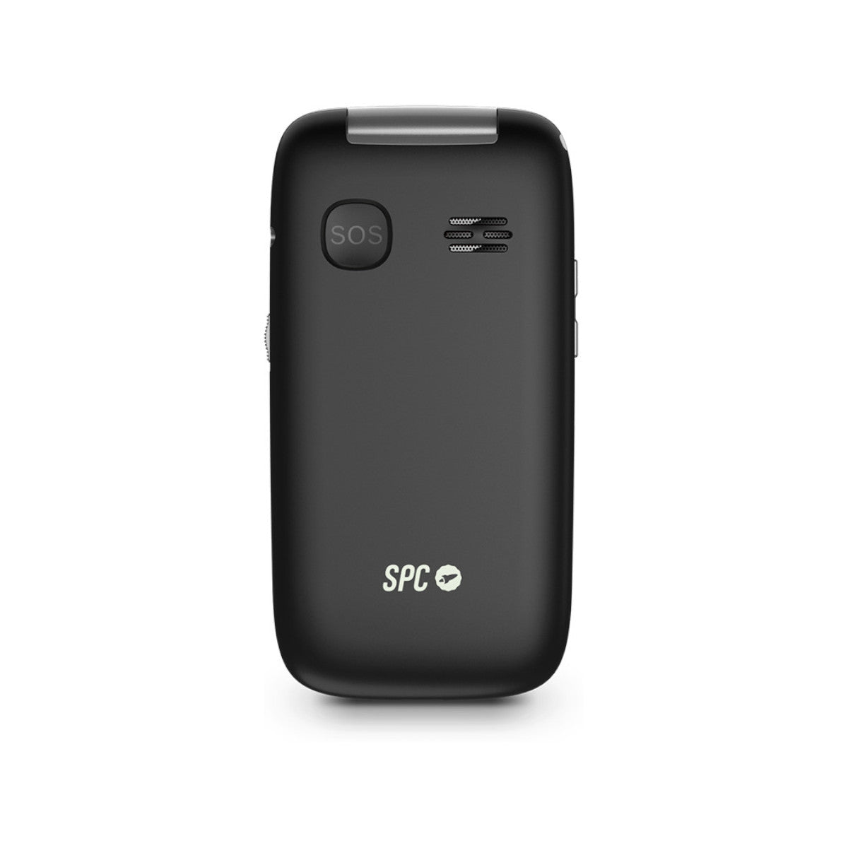 Un telefono a conchiglia nero con pulsante SOS e logo SPC su sfondo bianco.
