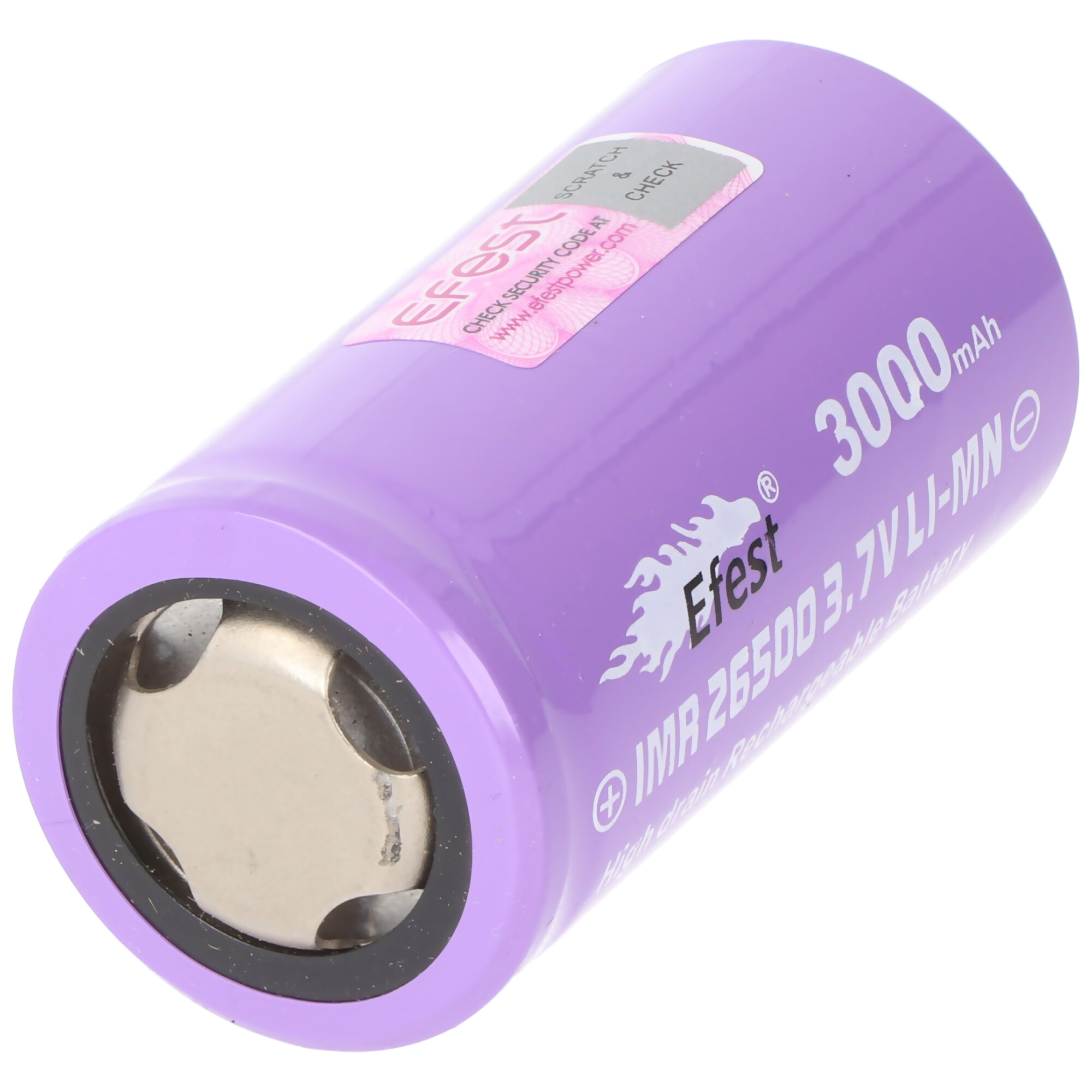 Batteria cilindrica viola con testo e adesivo. È una batteria da 3,7 V Li-Mn.