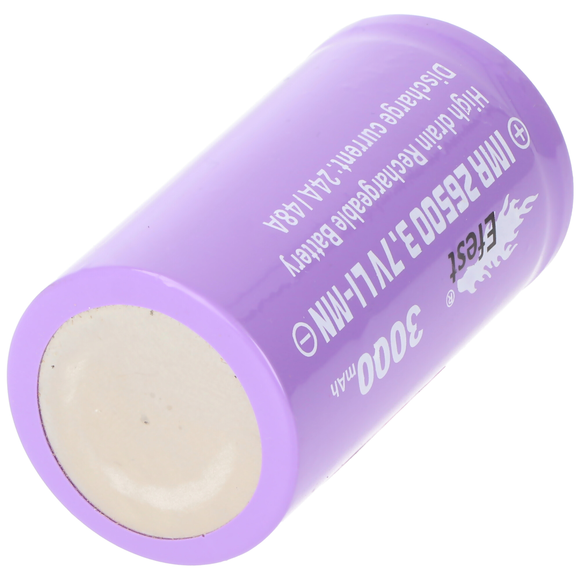 Una batteria cilindrica viola con specifiche, tra cui 3000 mAh e 3,7 V Li-ion.