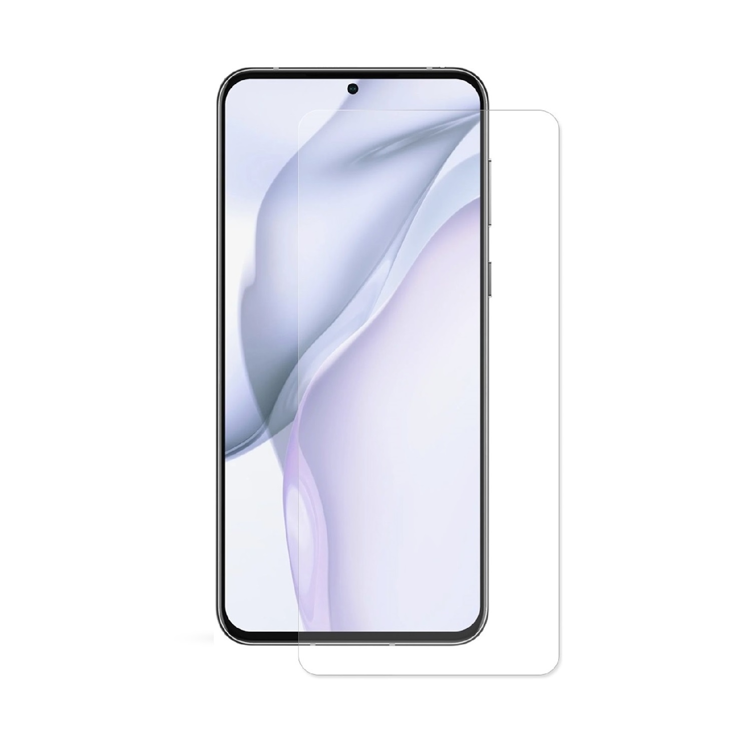 Smartphone mit klarer Displayschutzfolie. Weißer Hintergrund. Telefon ist schwarz.