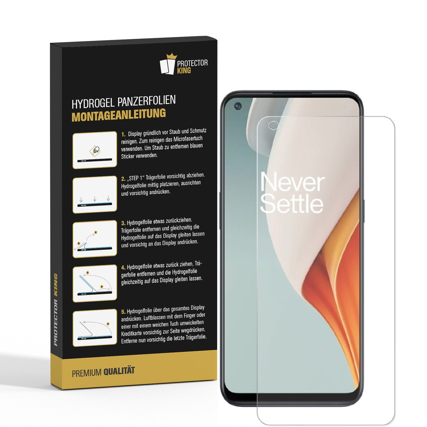 Protector King Box mit einem Telefon und Displayschutz, Anweisungen zeigend.
