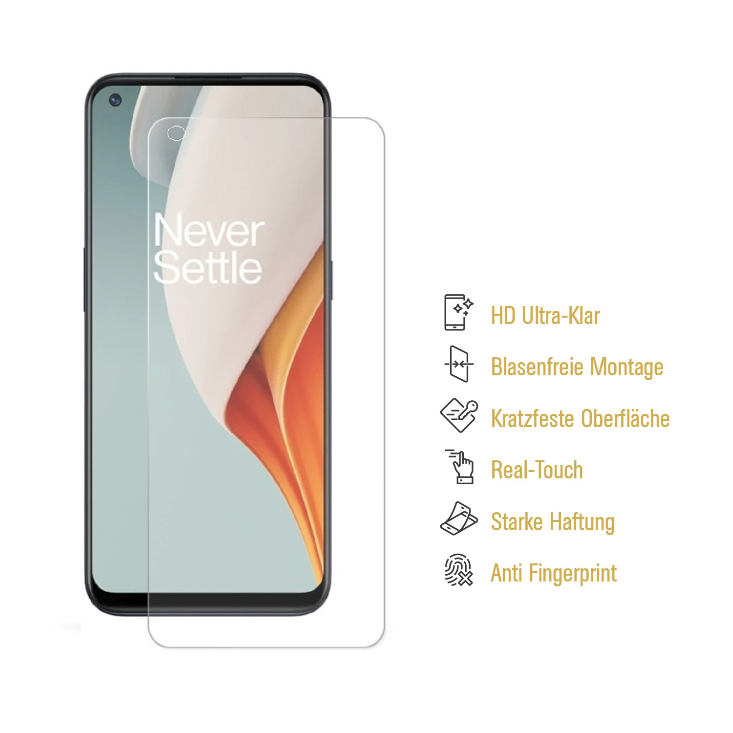 Telefon mit angebrachter Displayschutzfolie. Text auf dem Telefon lautet 'Never Settle'.