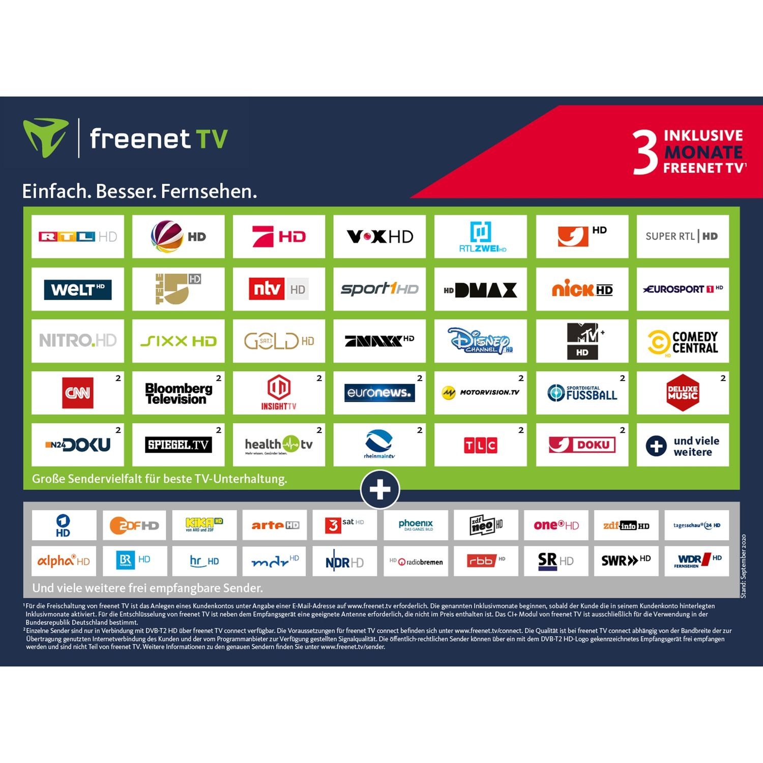 Ein Poster mit einer TV-Kanalliste, einschließlich HD- und anderer Kanäle, und dem freenet TV-Logo.
