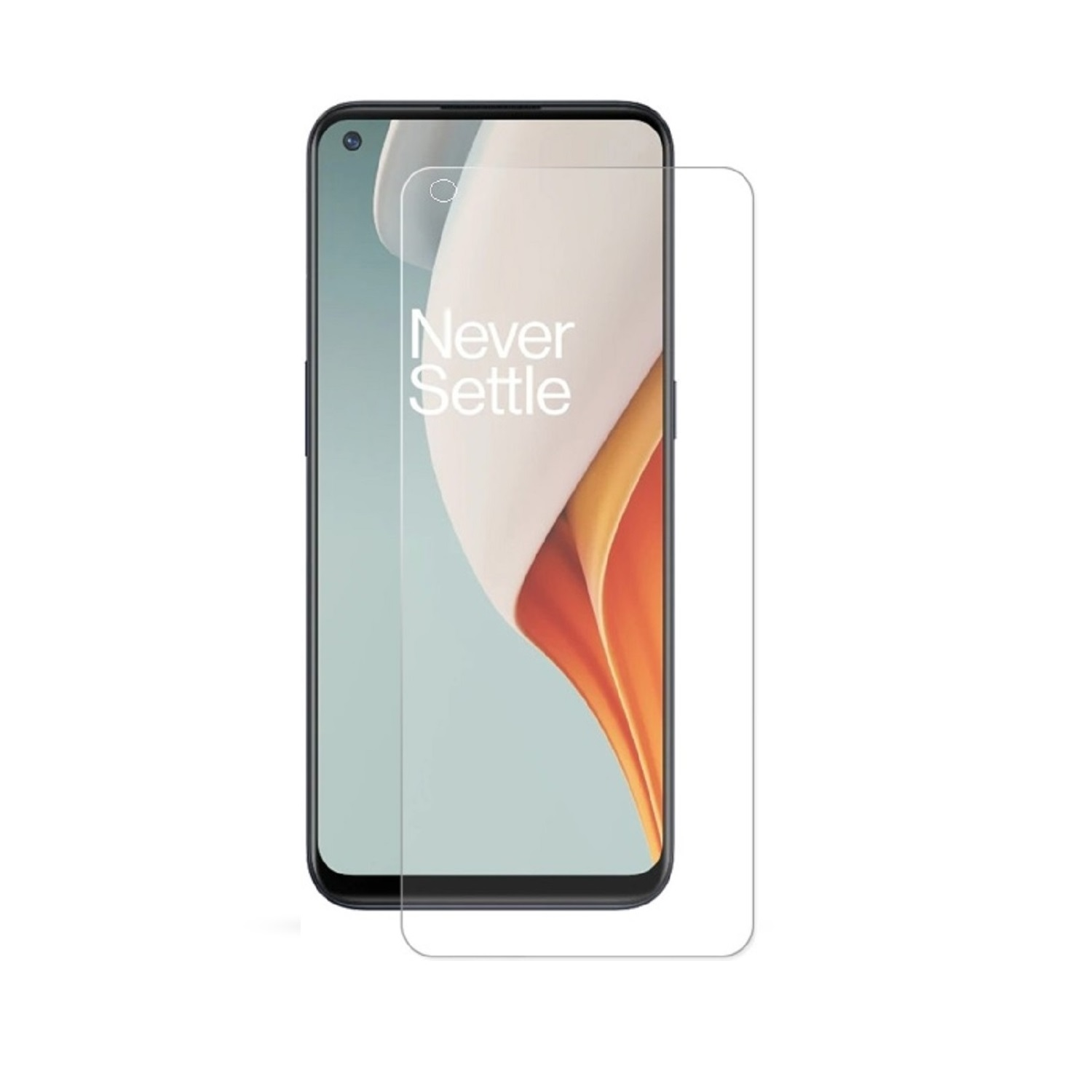 Ein Telefon mit angebrachtem Displayschutz, mit den Worten "Never Settle" auf dem Bildschirm.