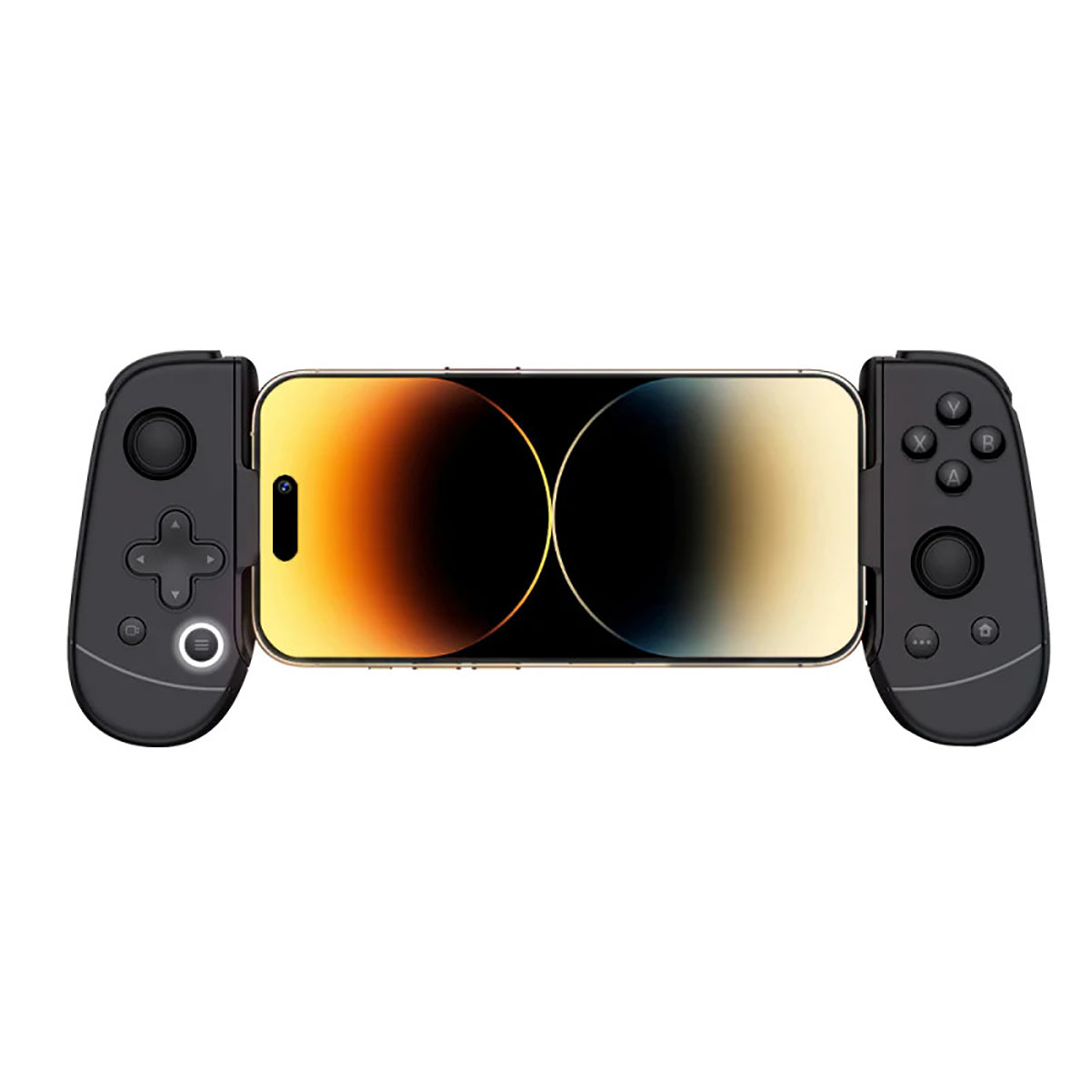 Gamepad nero per telefono con telefono al centro.