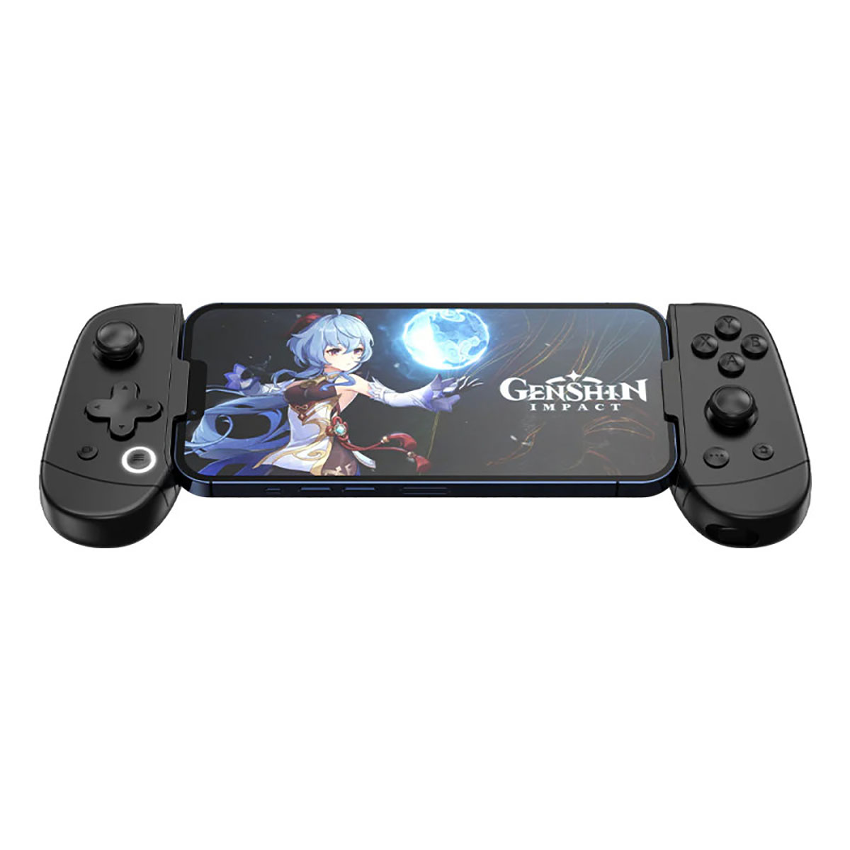 Un telefono con un gioco collegato a un controller nero.