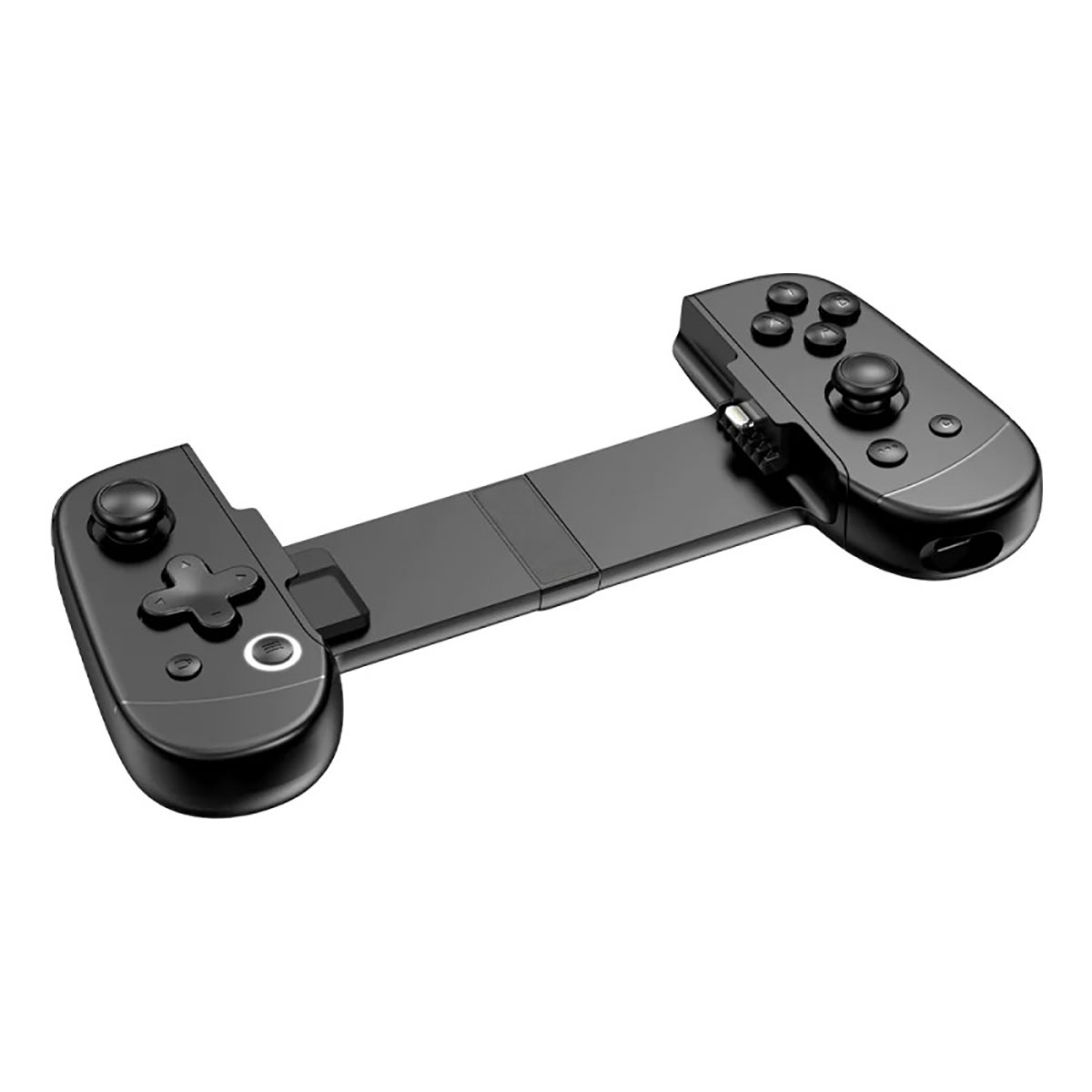 Un controller gamepad nero, esteso, con pulsanti e joystick su sfondo bianco.
