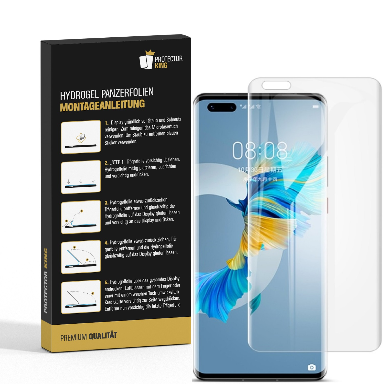 Ein Telefon und Displayschutz mit Anweisungen auf weißem Hintergrund, neben der Box.