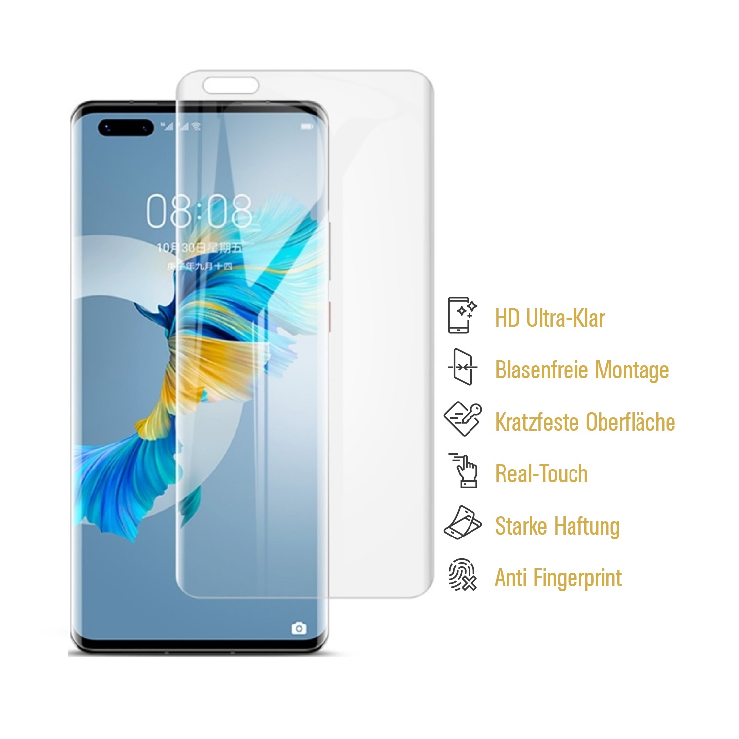 Telefon und Displayschutz. Der Schutz ist klar und auf dem Telefon. Symbole und Text werden angezeigt.