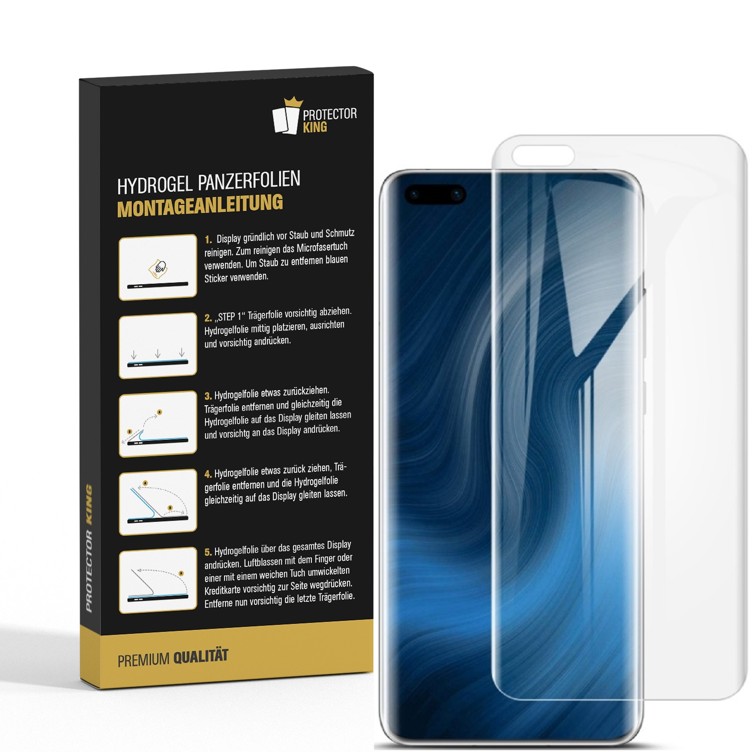 Schachtel mit Anleitung und transparentem Displayschutz, und ein Telefon mit blauem Hintergrund.