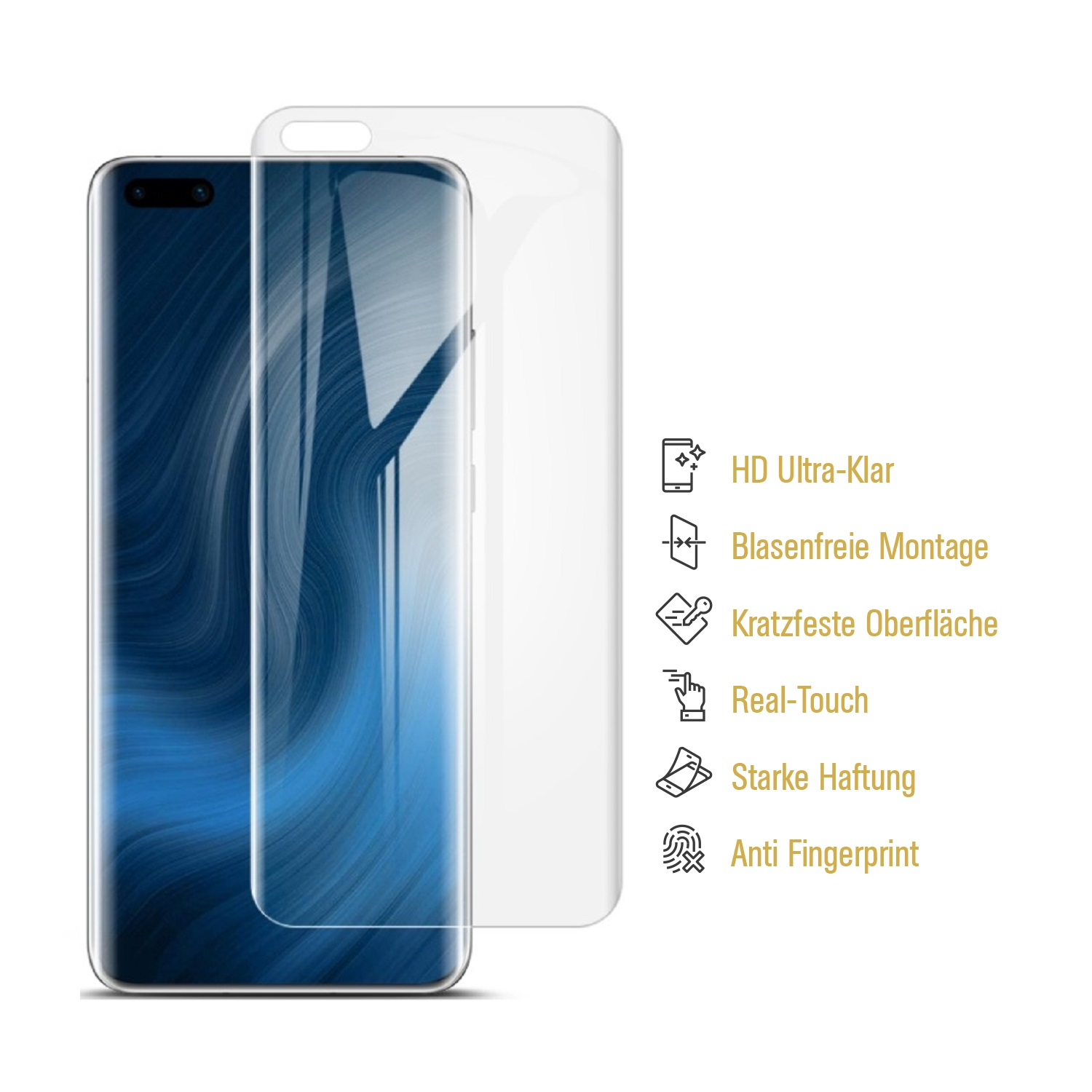 Ein Smartphone mit Displayschutz und Symbolen für Schutzfunktionen.
