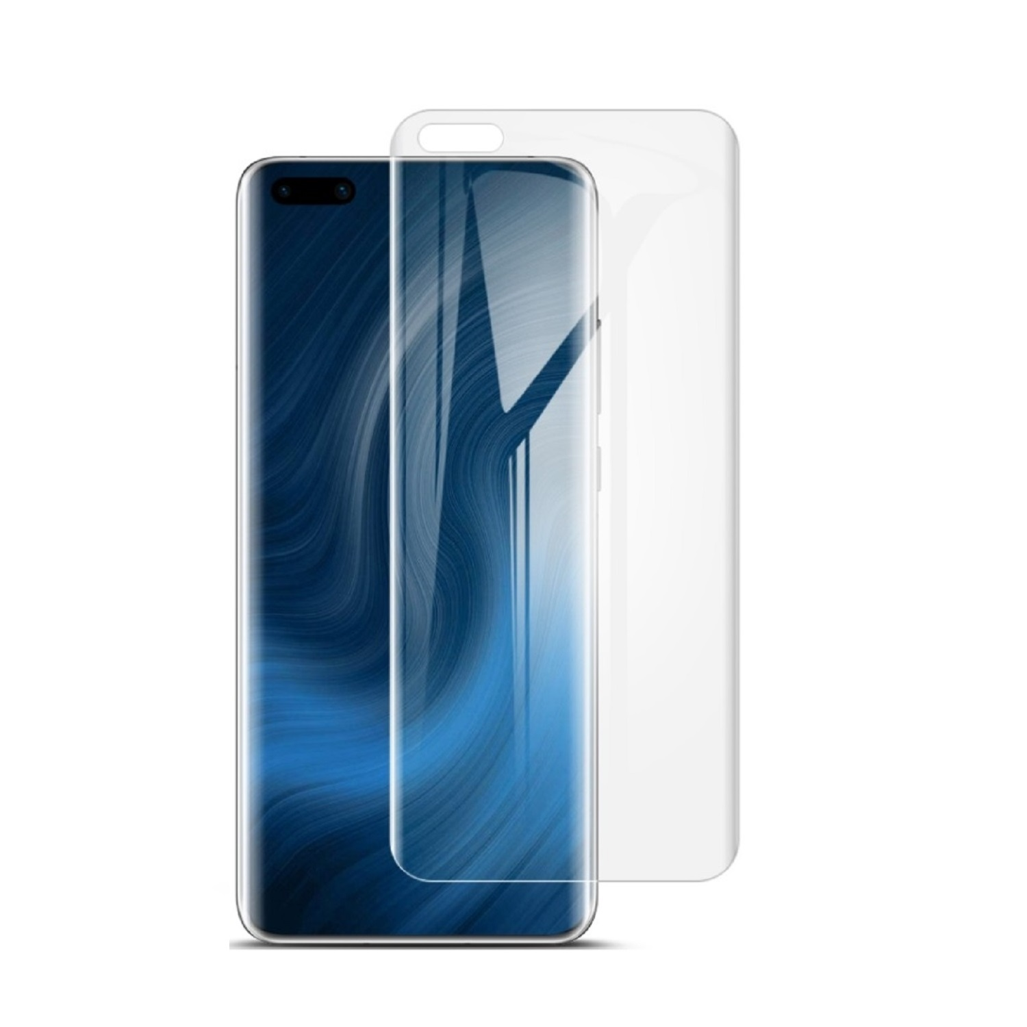 Smartphone mit angebrachtem Displayschutz. Das Telefon hat einen blauen Wellenhintergrund.