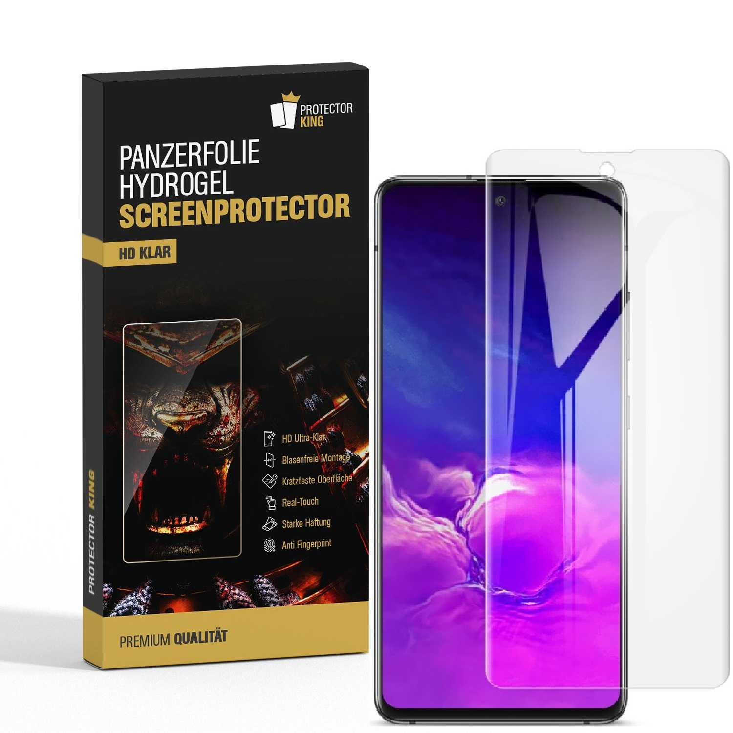 Handy-Displayschutz mit Handy, Box-Grafik und Schutz auf dem Gerät.