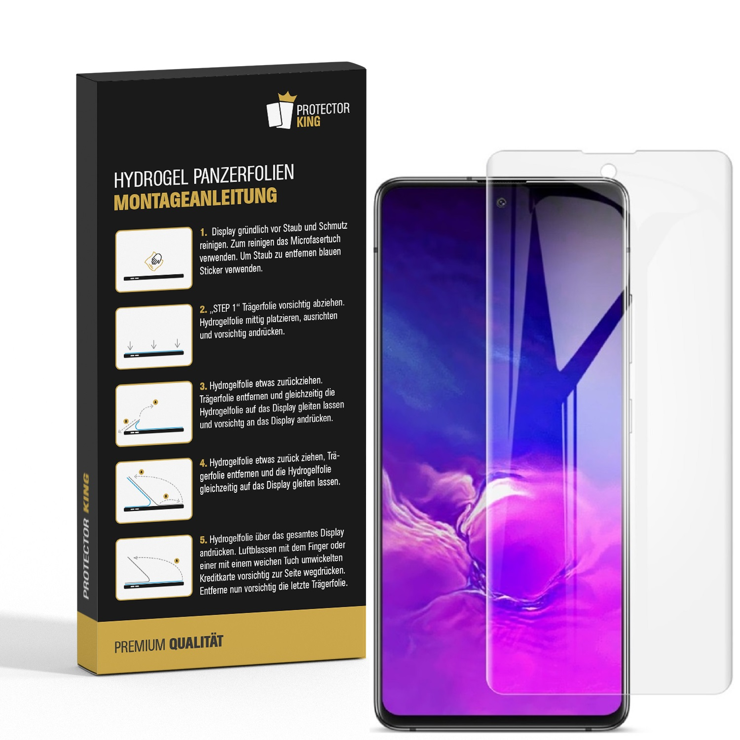 Ein Displayschutz-Kit, Telefon und Anweisungen. Anweisungen sind auf Deutsch. Das Telefon ist schwarz und lila.