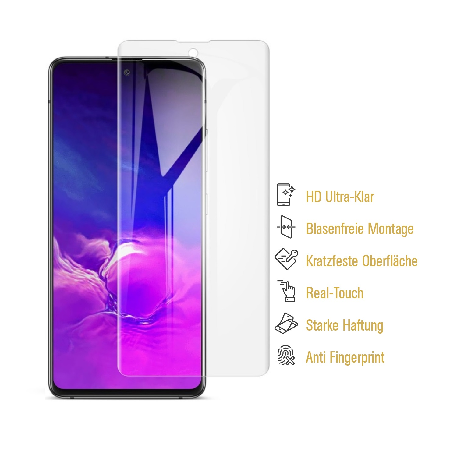 Ein Telefon mit Displayschutzfolie. Der Schutz ist klar und auf dem Bildschirm angebracht.