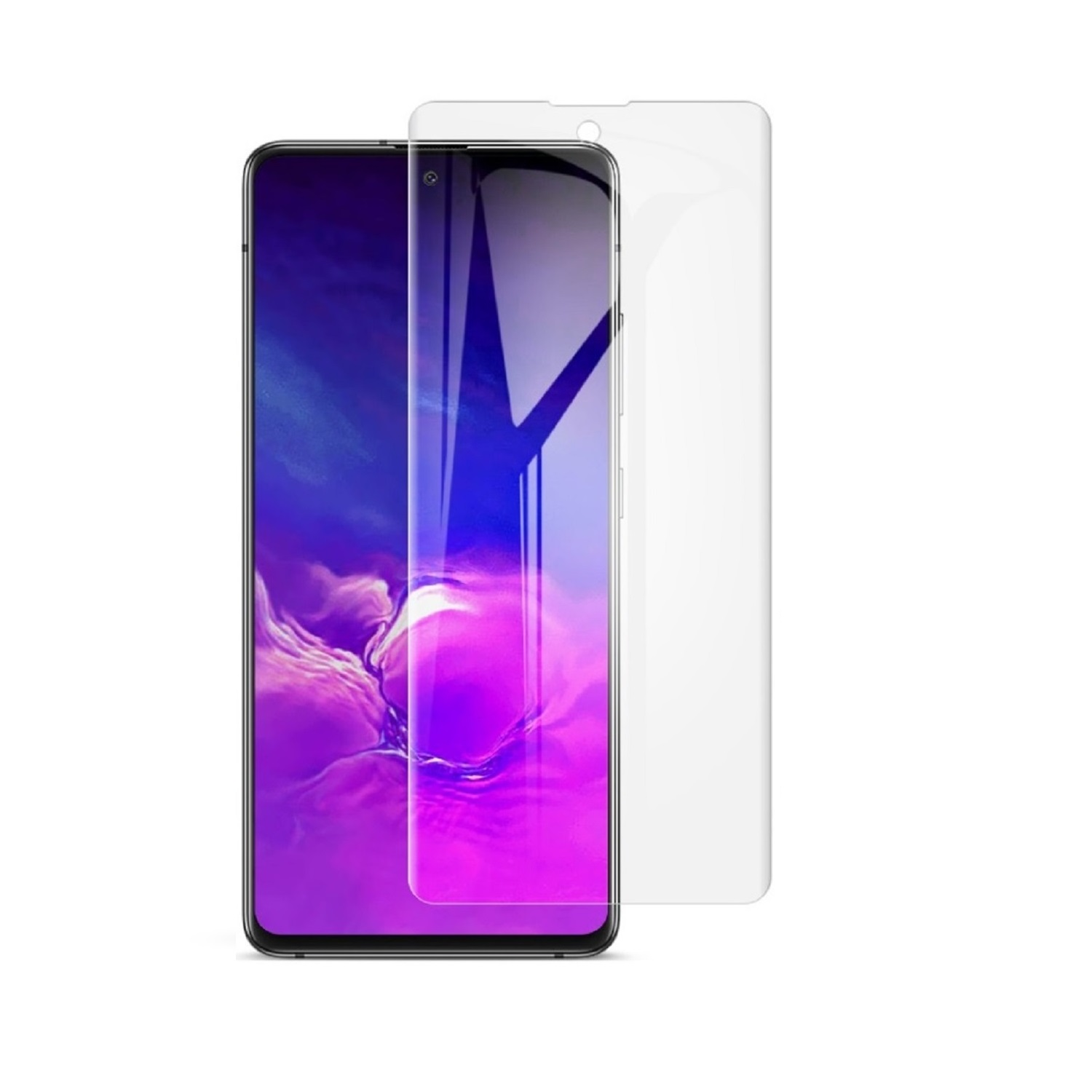 Ein Smartphone mit einem Displayschutz daneben. Das Telefon ist schwarz und der Displayschutz ist transparent.