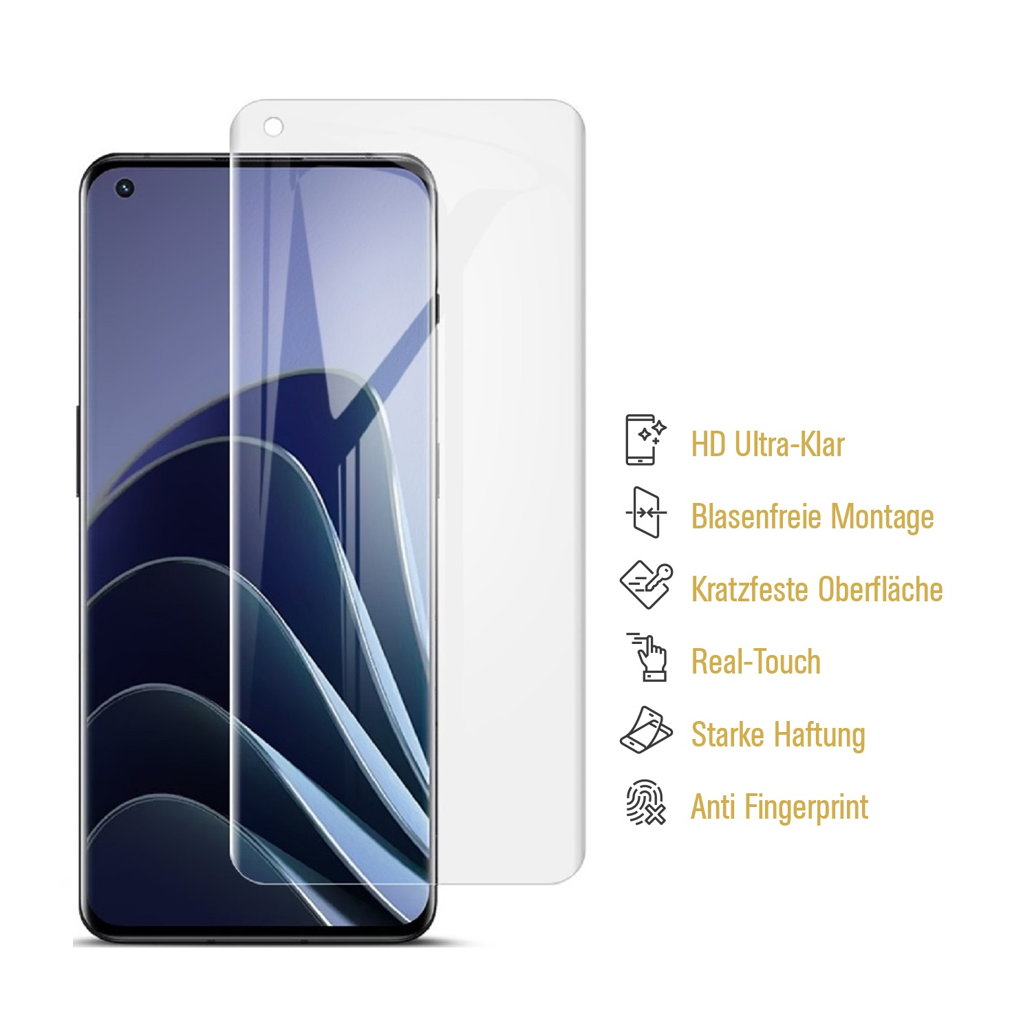 Smartphone mit angebrachtem Displayschutz und Icons mit deutschen Beschreibungen.