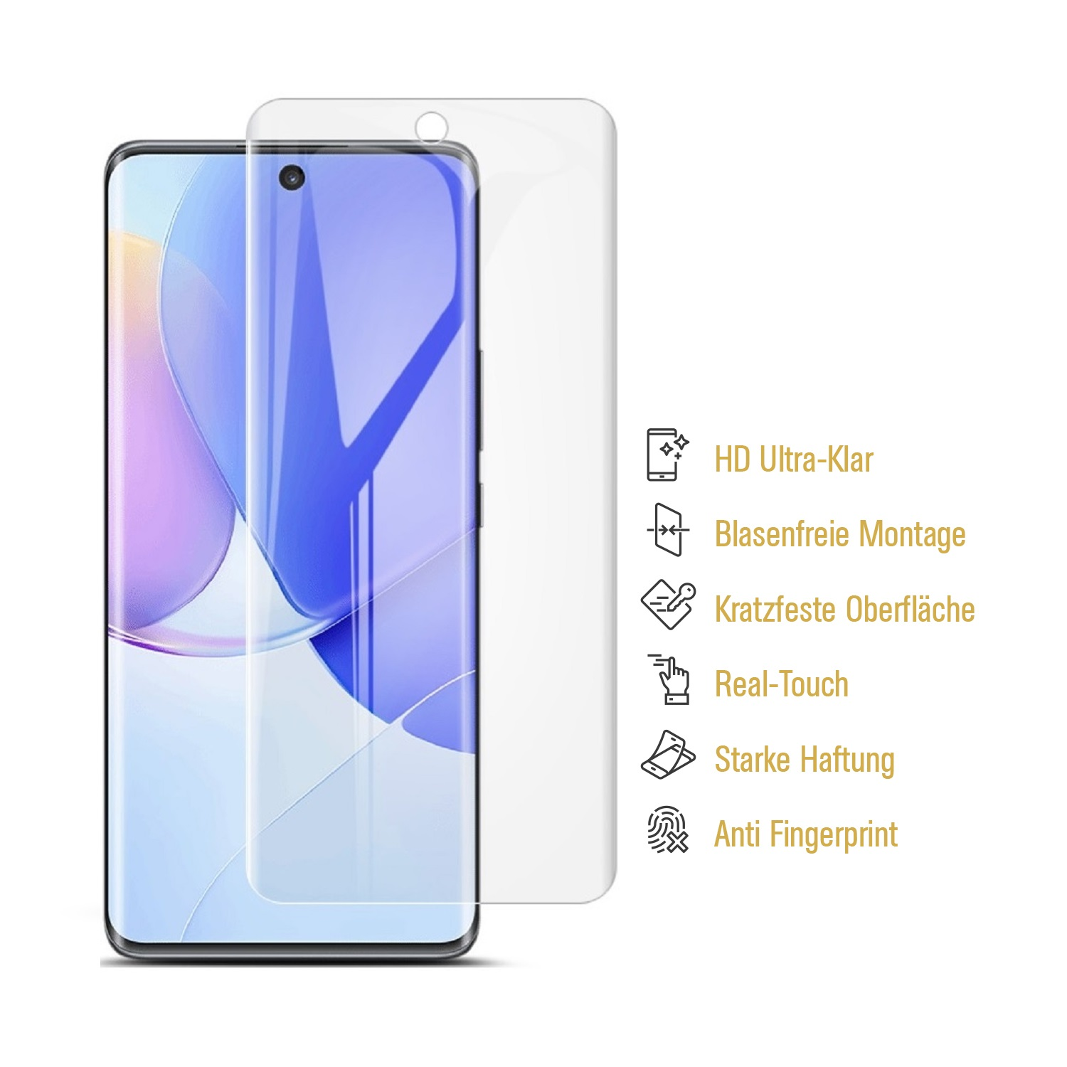 Telefon mit Displayschutz. Schutz ist klar, Telefon ist schwarz. Symbole zeigen Funktionen.