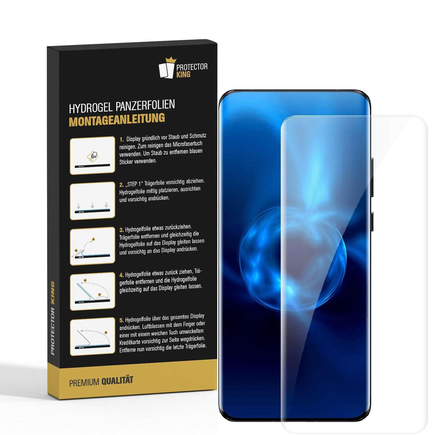 Telefon mit Displayschutz, Box mit Anweisungen auf weißem Hintergrund.