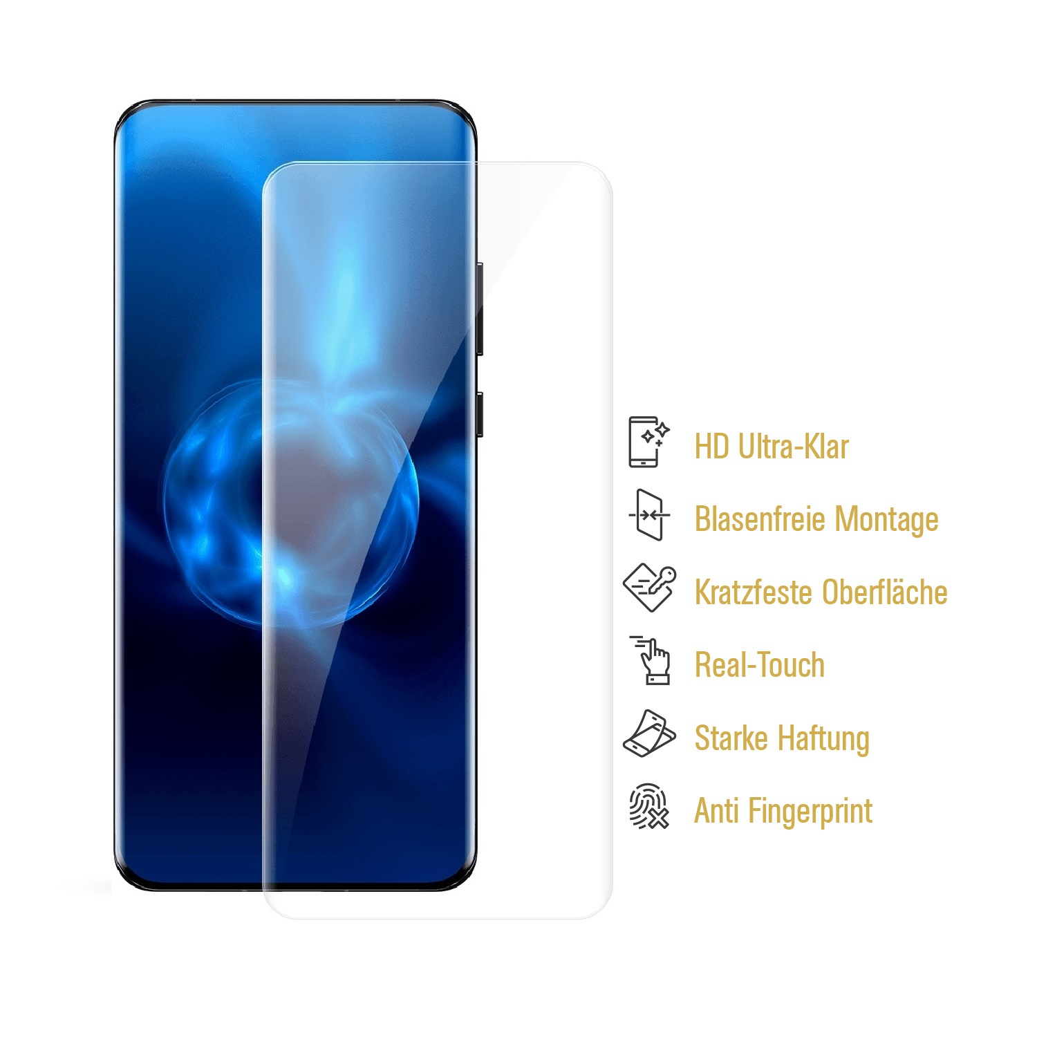 Smartphone mit Displayschutzfolie. Klare Folie auf dem Bildschirm. Symbole für Funktionen.