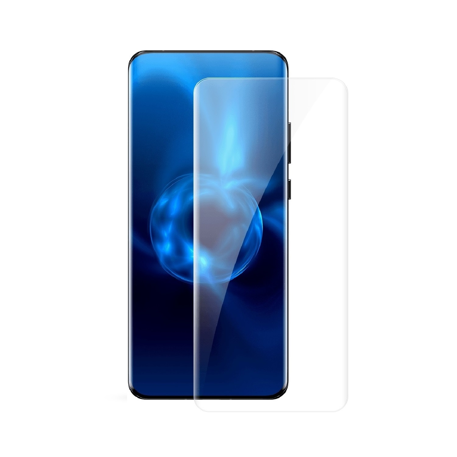 Eine Displayschutzfolie, die auf ein Telefon aufgebracht wird. Das Telefon hat einen blauen Hintergrund.