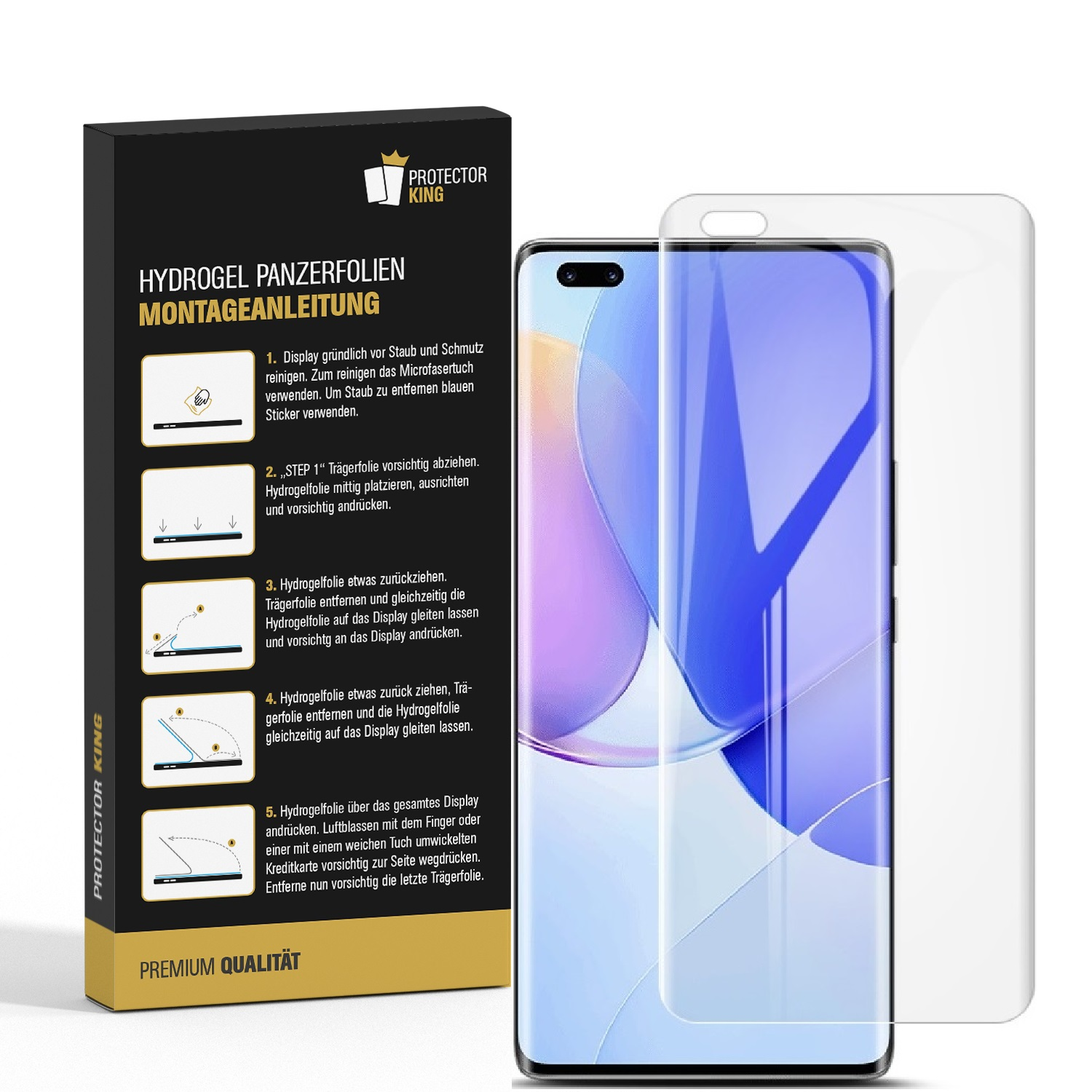 Eine Box mit Displayschutzfolie und einem Telefon. Die Box hat Anweisungen und ein Telefon daneben.