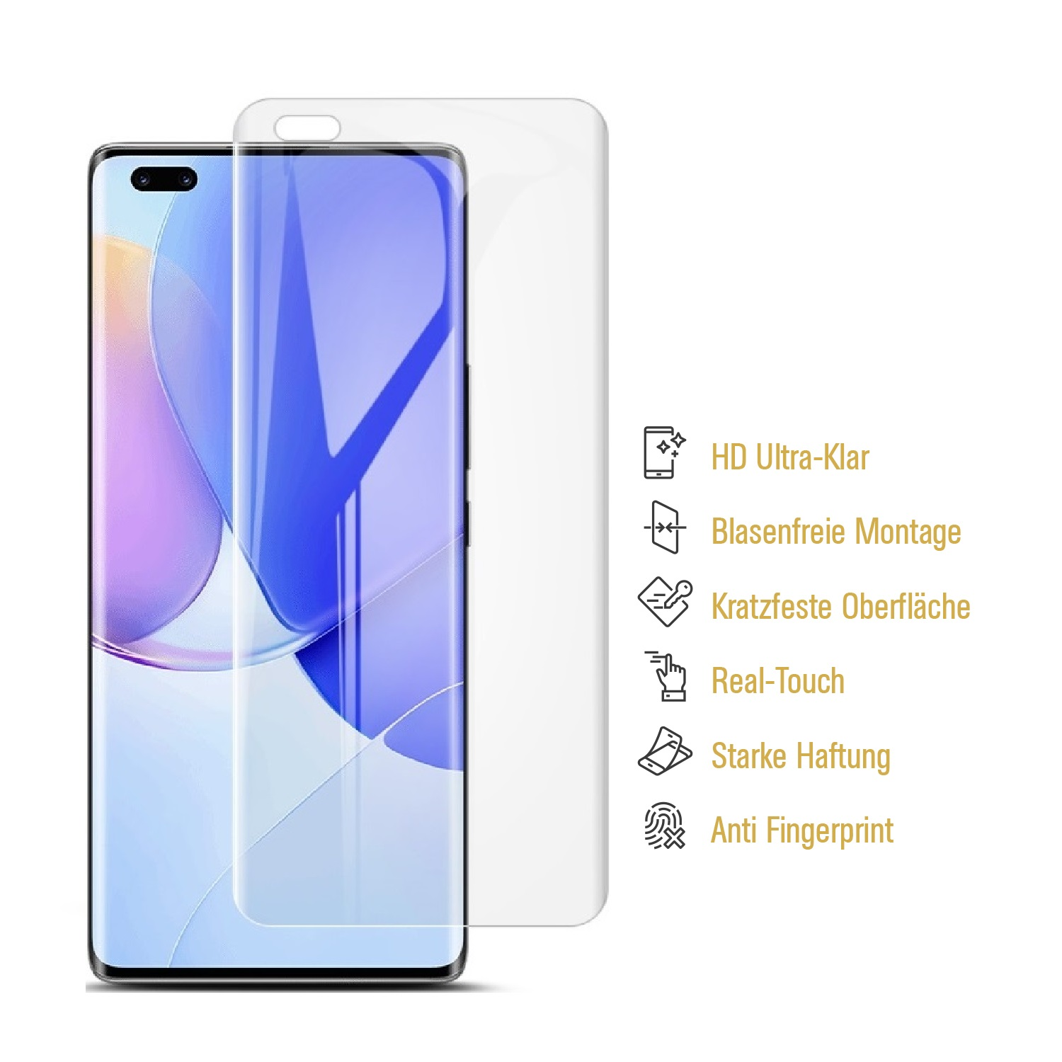 Handy-Displayschutz. Zeigt ein Telefon mit angebrachtem Schutz und aufgelisteten Funktionen.