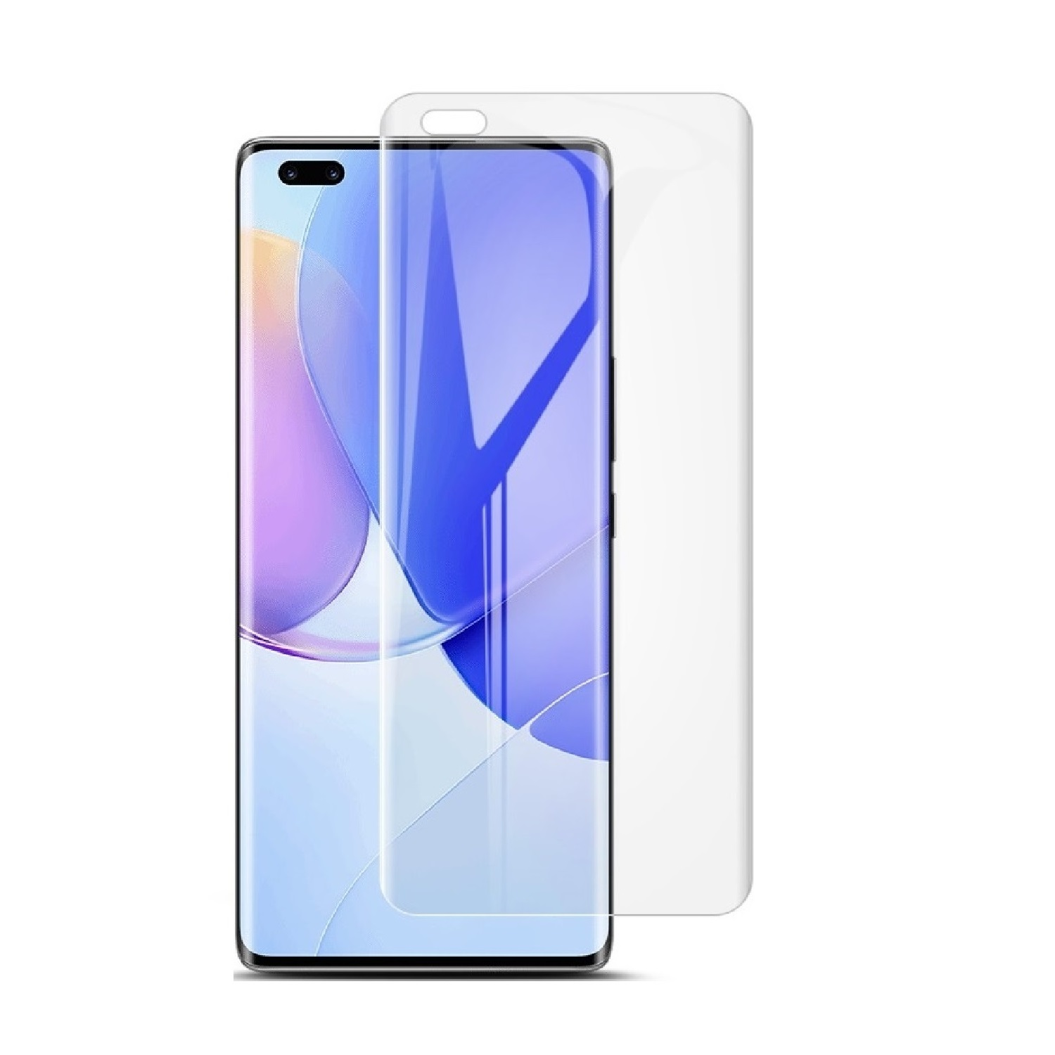 Ein Telefon mit angebrachtem Displayschutz, neben einem Glas-Displayschutz stehend.