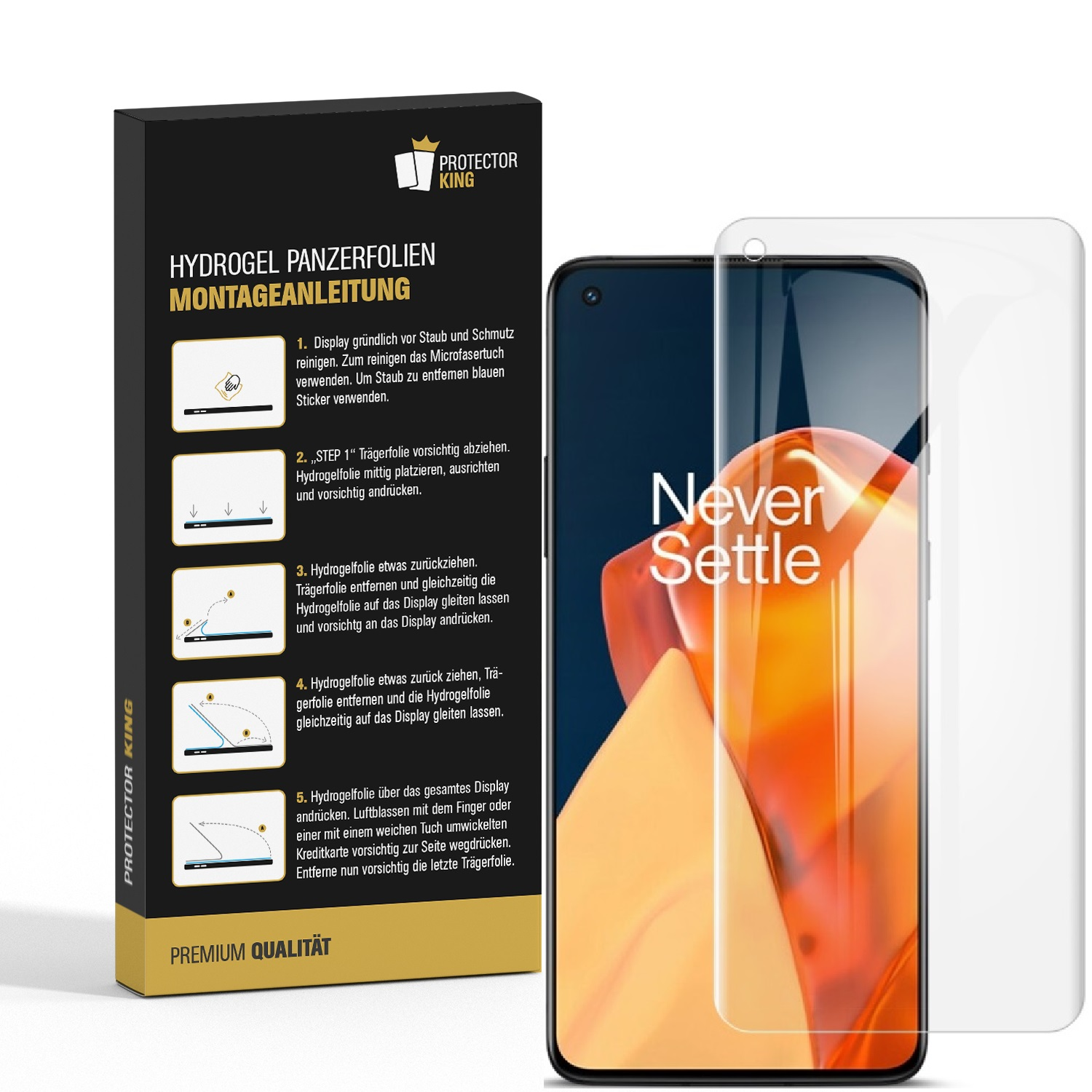 Smartphone mit angebrachter Displayschutzfolie. Anweisungen auf der Box. Weißer Hintergrund.